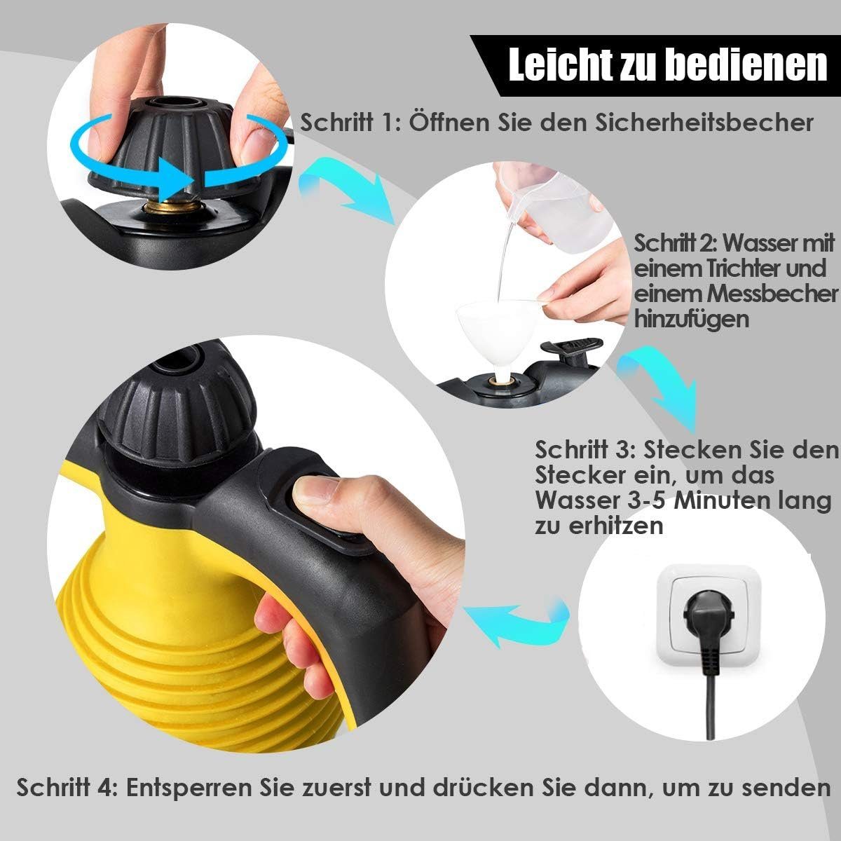 KOMFOTTEU Dampfreiniger, mit 350 ml Wassertank, 3 Bar, 1050 W, 3-5min Aufheizzeit