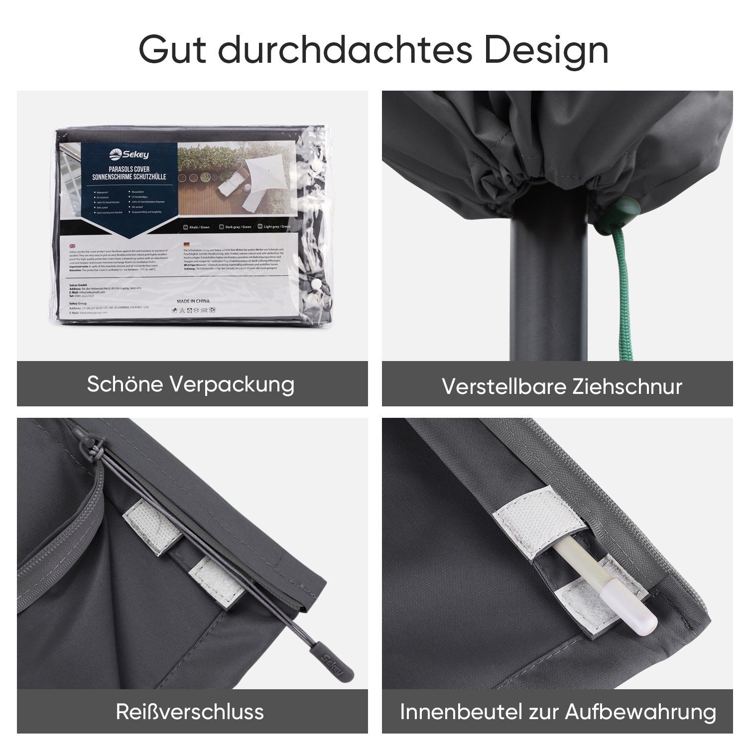 Sekey Sonnenschirm-Schutzhülle Marketschirm Abdeckhauben mit Stab und Reißverschluss, bis Ø 350 cm, für Sonnenschirme bis zu Ø 350 cm, eckige Sonnenschirme 200 x 300 cm