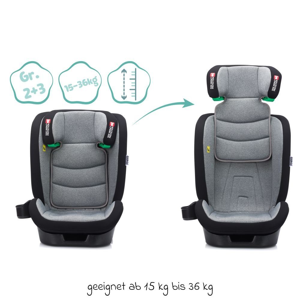 Fillikid Autokindersitz Elli Pro i-Size - Grau, bis: 36 kg, Kinder Autositz ab 3 Jahre - 12 Jahre (100 cm - 150 cm) mit Isofix