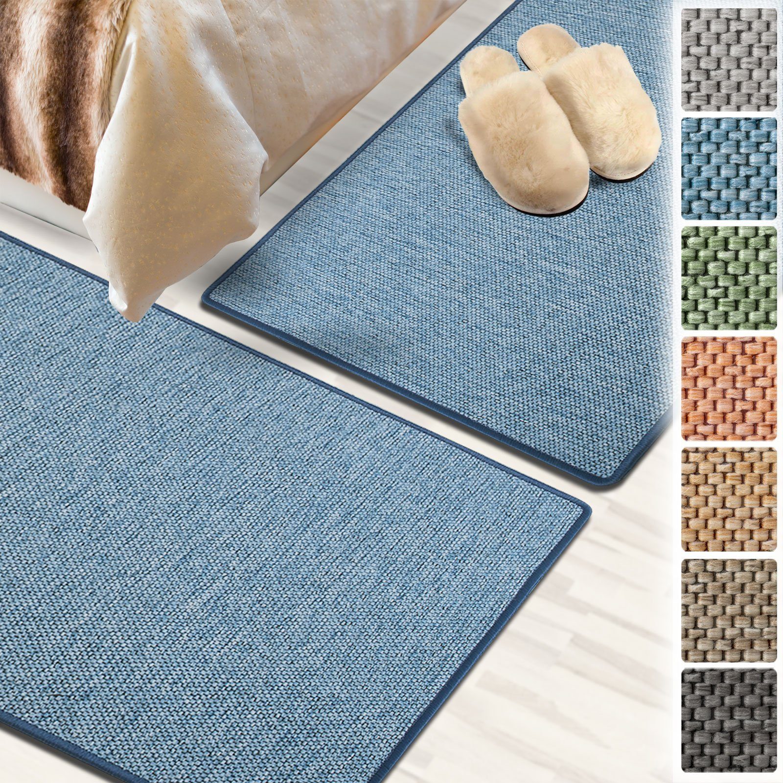 Bettumrandung Sabang Blau, 3 Größen, Teppichläufer, ideal im Schlafzimmer Floordirekt, Höhe 3.5 mm, (3-tlg), in Sisal-Optik