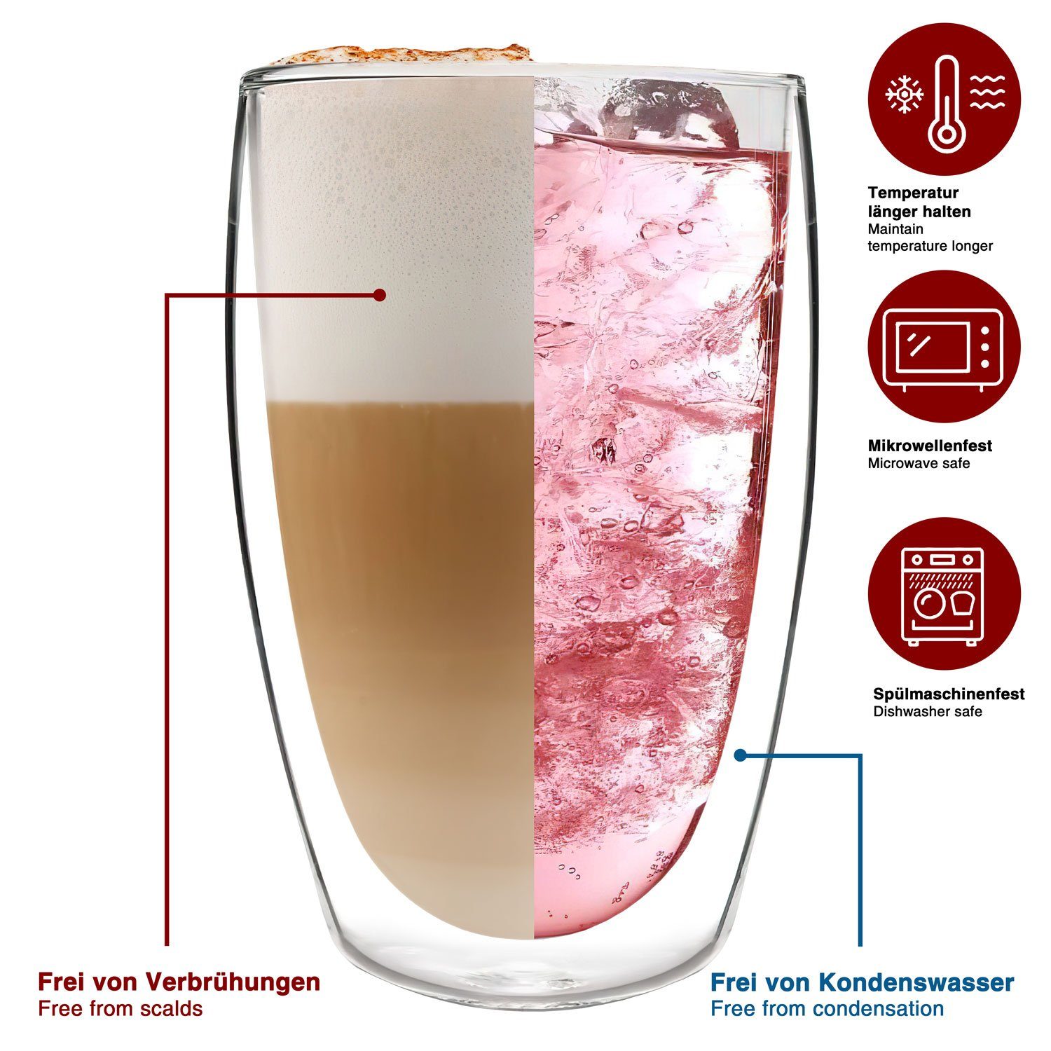 Dimono Latte-Macchiato-Tasse Doppelwandiges Trinkglas 450ml, Borosilikat-Glas, Wasser- Longdrink- & Cocktailgläser