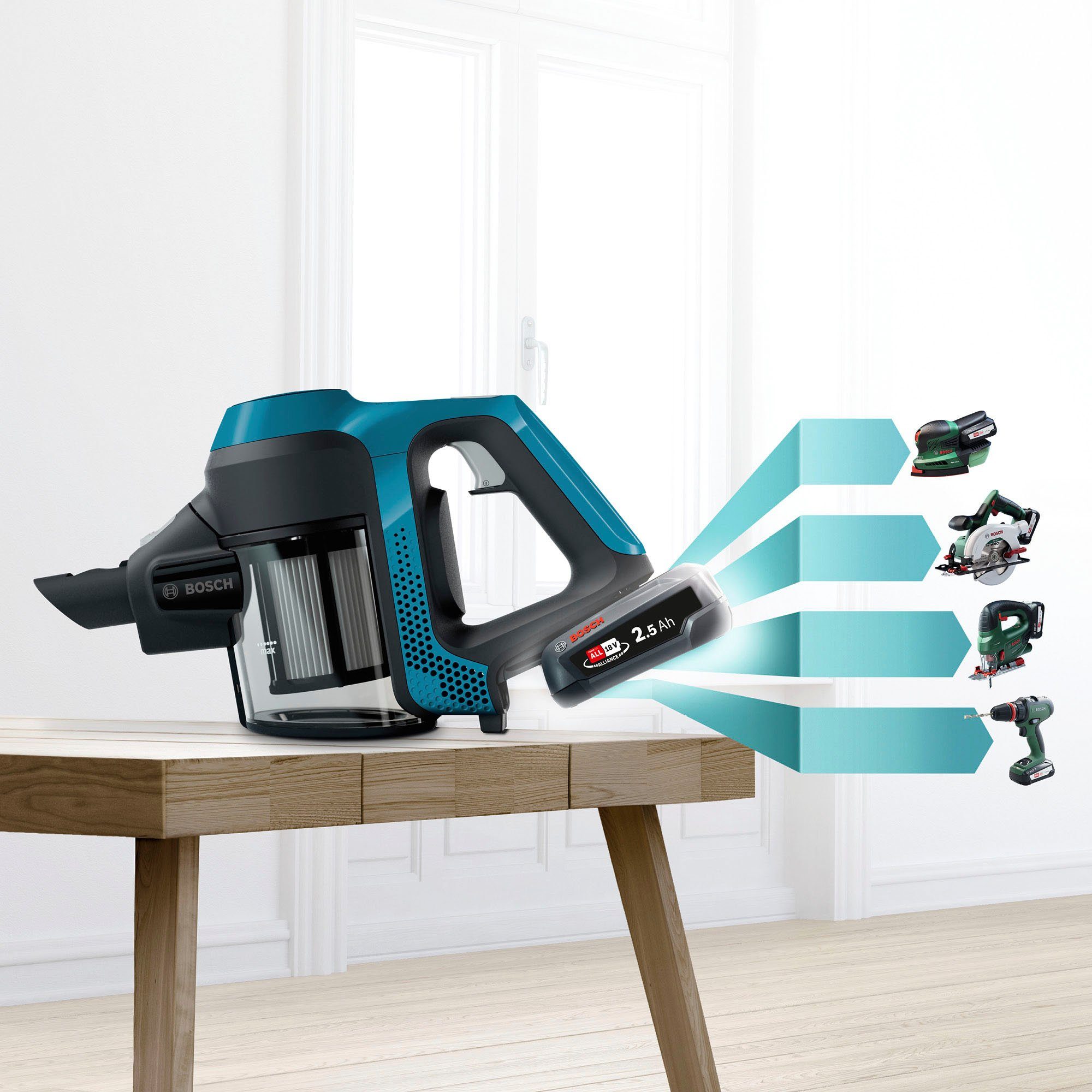 BOSCH Akku-Stielstaubsauger Unlimited Serie 6, schwarz, BKS6111P, beutellos, 18V Power for ALL Akku, inkl. Möbelpinsel
