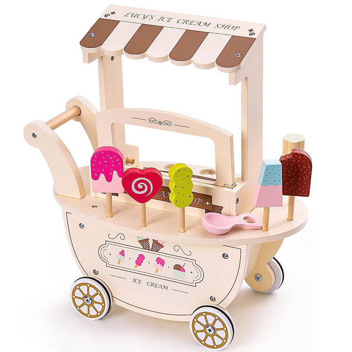 Eisdiele aus Holz auf Rollen für Kinder, Spielzeug Holz Eiswagen mit Zubehör, Eisdiele Spielset, Pädagogisches Spielzeug für Kleinkinder