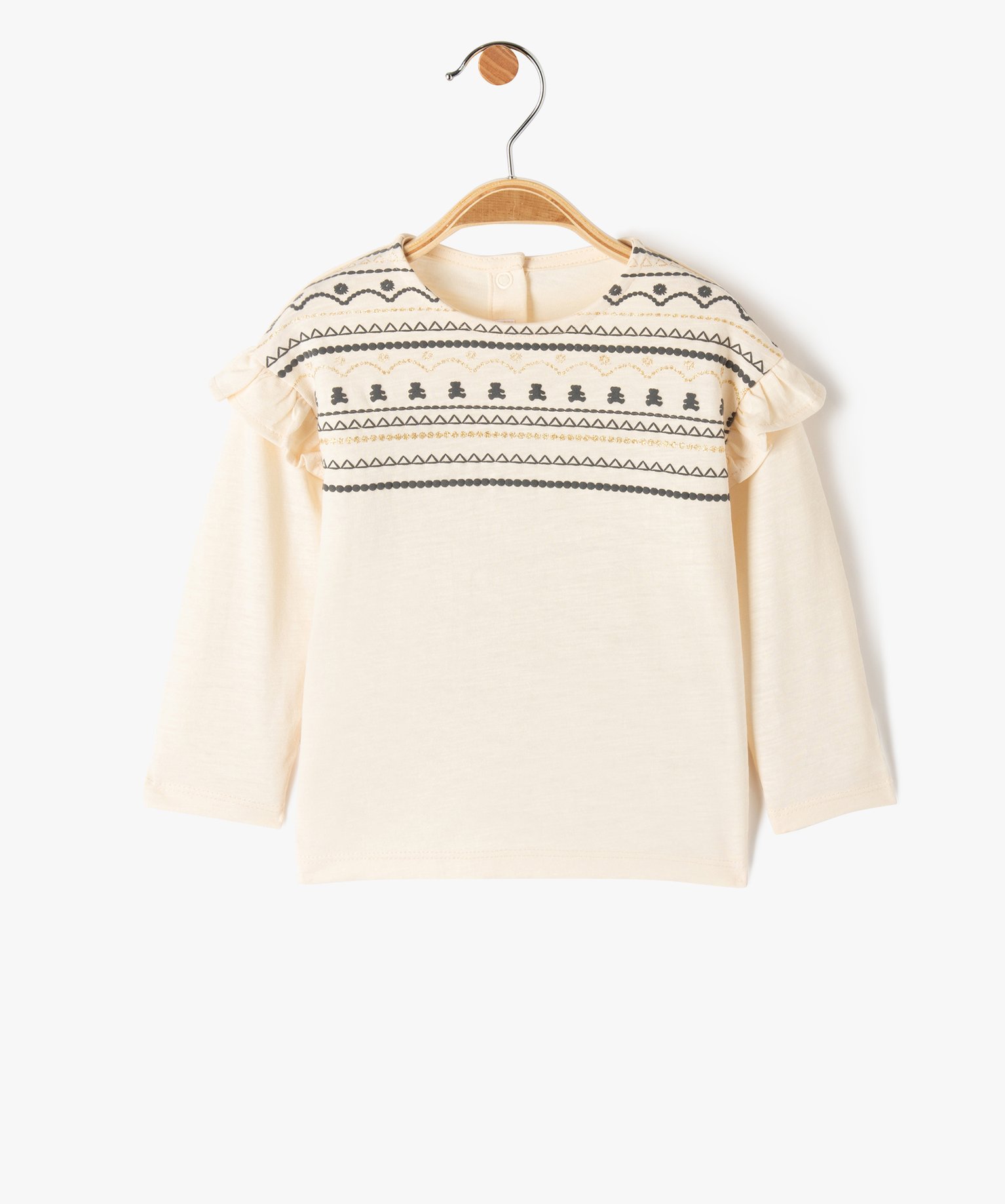 Tee-shirt bébé fille manches longues, volants et micro-mot... ecru | GEMO