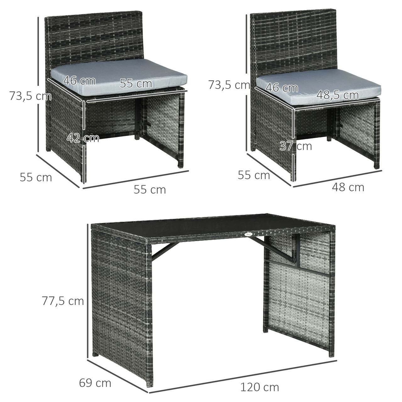 Outsunny 5tlg. Polyrattan Gartenmöbel Rattan Essgruppe Gartenset Grau