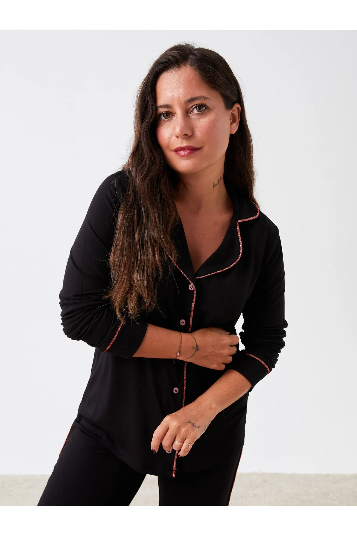 LC Waikiki  Petite-Damenpyjama-Set mit Hemdkragen, einfarbig und langärmlig
