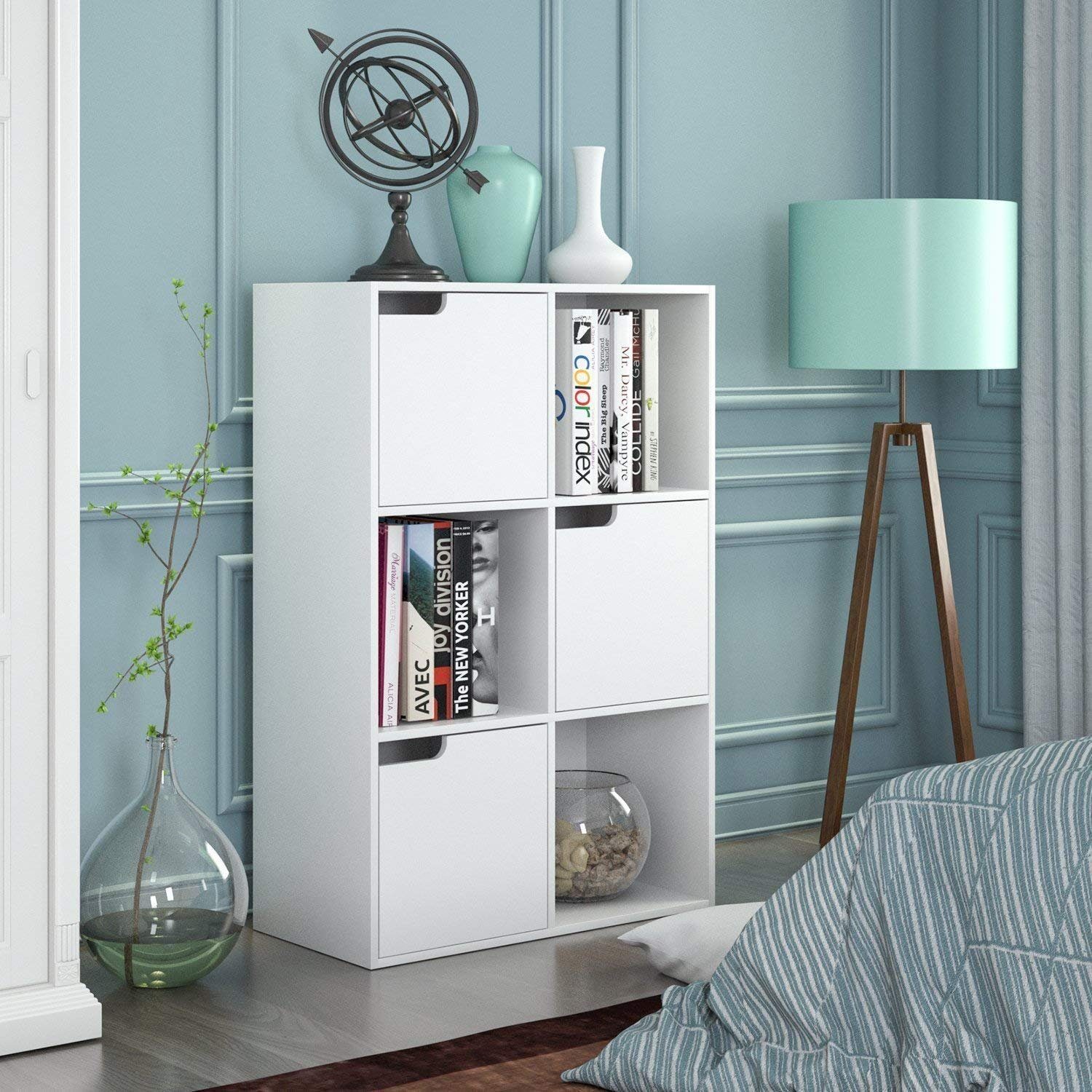 Homfa Bücherregal mit 3 Türen, Standregal, Regal Weiß aus Holz 60x29x90 cm