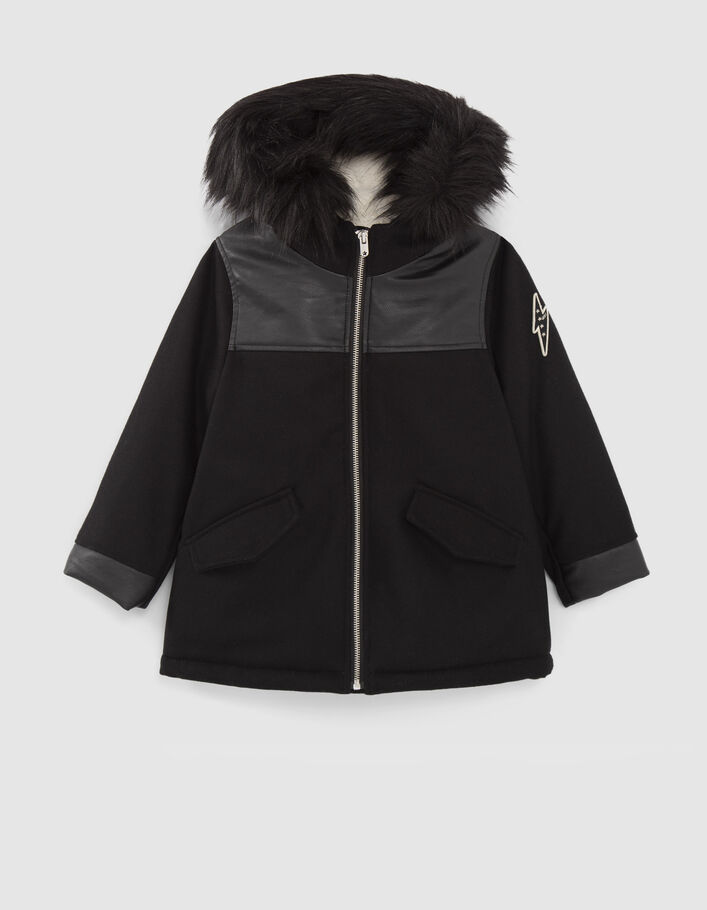 Manteau noir bi matière fourré fille