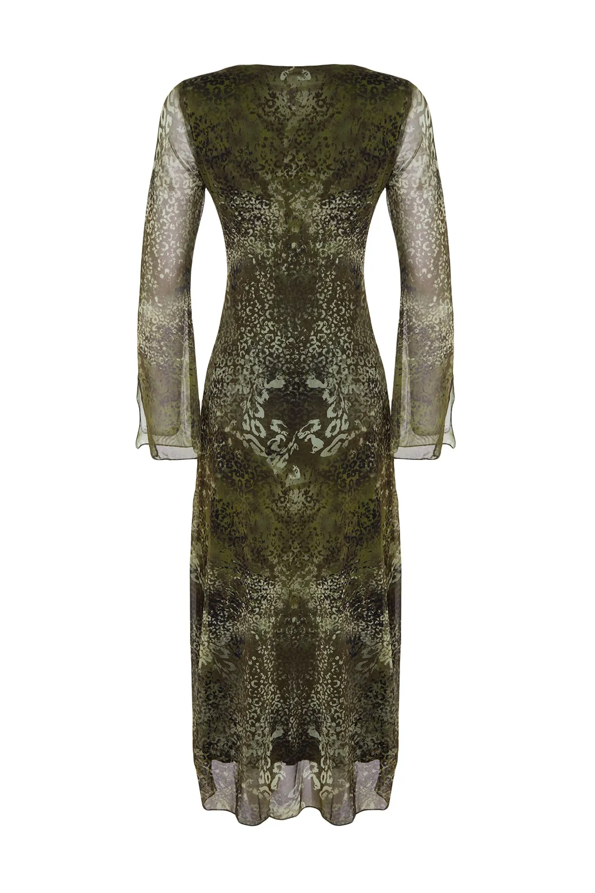 Trendyol Collection  Khakifarbenes, mit Tüll gefüttertes Skater-/Taillen-Midi-Strickkleid mit V-Ausschnitt TWOAW24EL00147