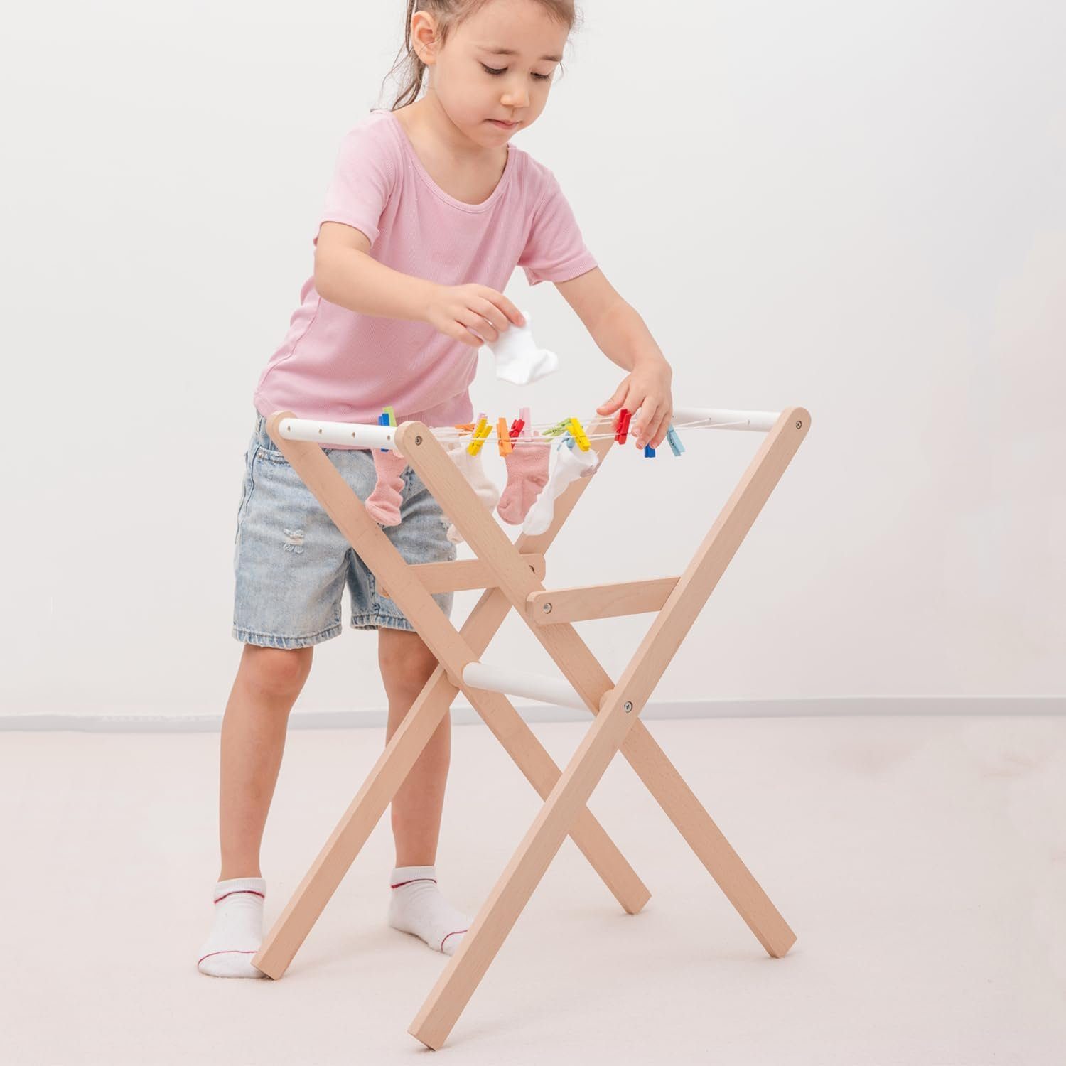LeNoSa Kinder-Wäscheständer Buchenholz Wäscheständer für Kinder, inkl. Wäscheklammern, zusammenklappbar