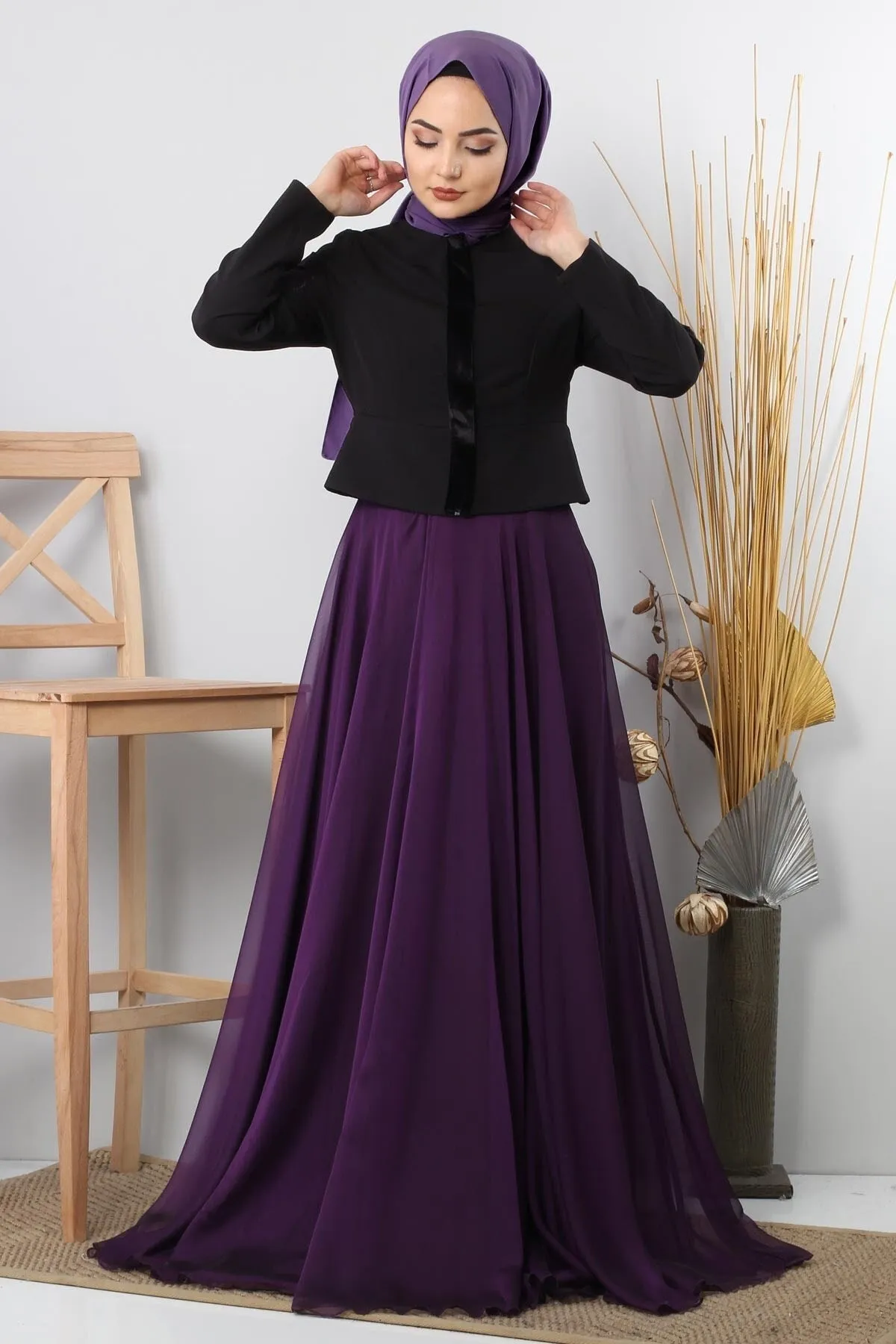 Modamihram  Jacke mit bestickter Hijab-Kombination Lila 8942