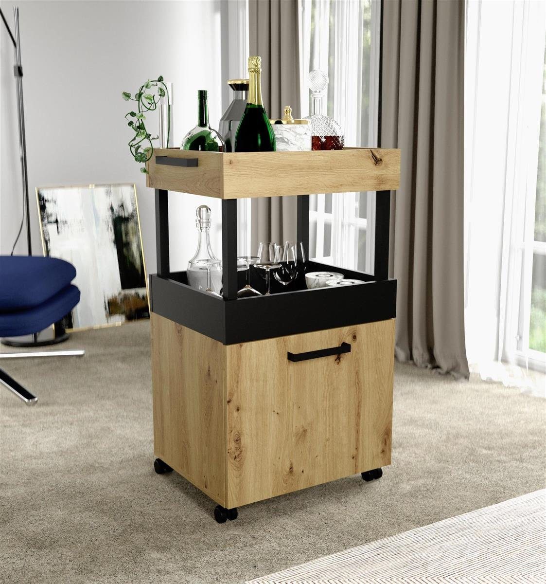 möbelando Barschrank Hydra Barschrank im modernen Industrial-Design aus Spanplatte in Artisan Eiche Nachbildung / Schwarz matt mit 1 Holztür, 2 Ablageböden und 4 Rollen. Breite 50,2 cm, Höhe 88,2 cm, Tiefe 41,1 cm