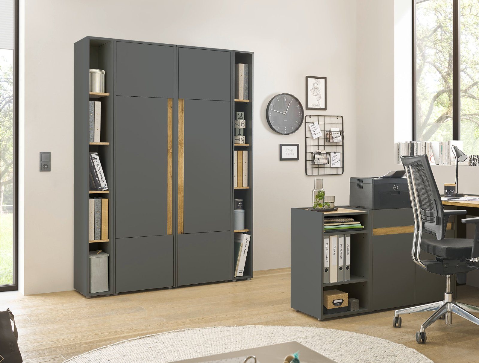 Furn.Design Aktenregal Center, Regalschrank in grau mit Wotan Eiche, 4 Fächer