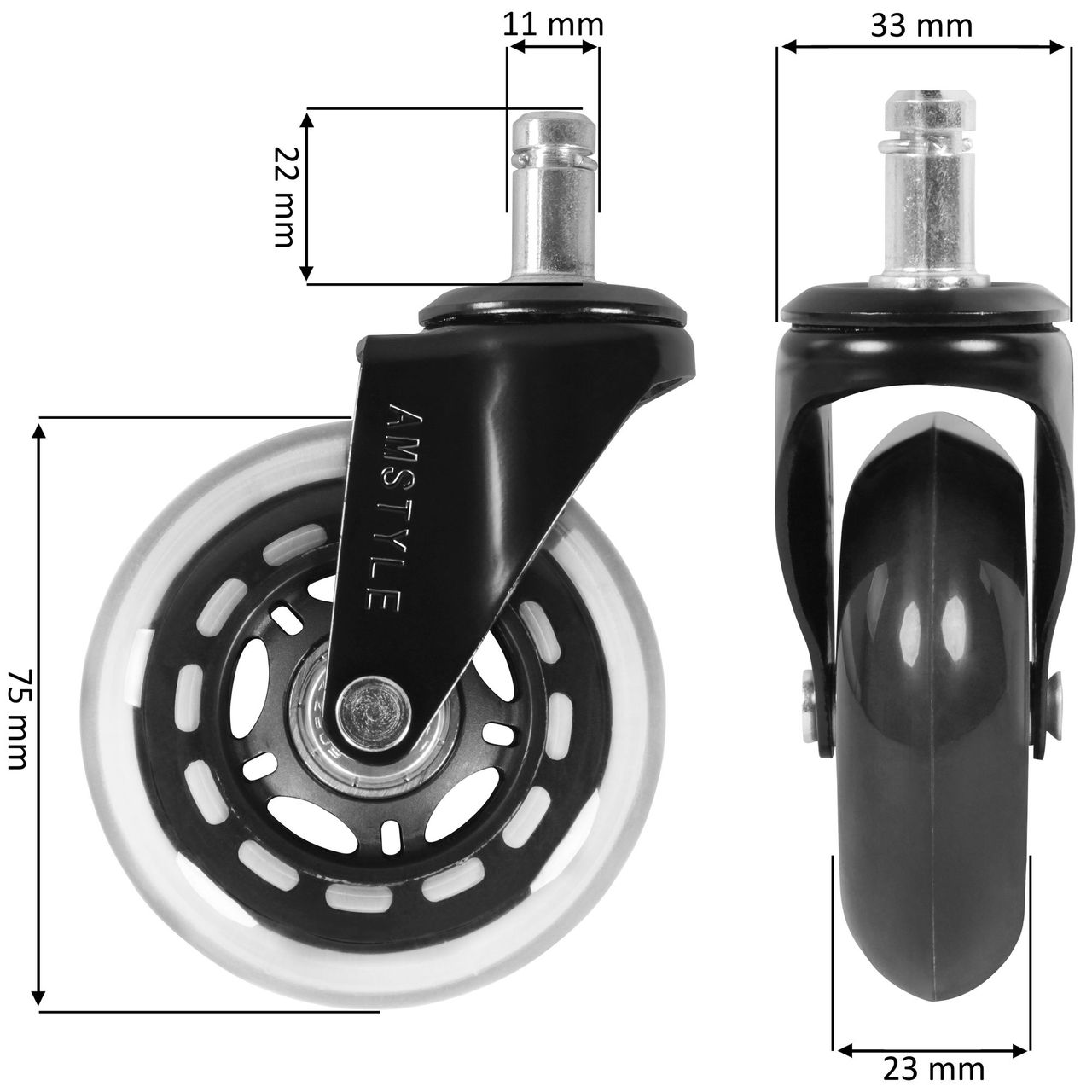 Amstyle 5er Set Bürostuhlrollen 7 x 7 x 3 cm Schwarz