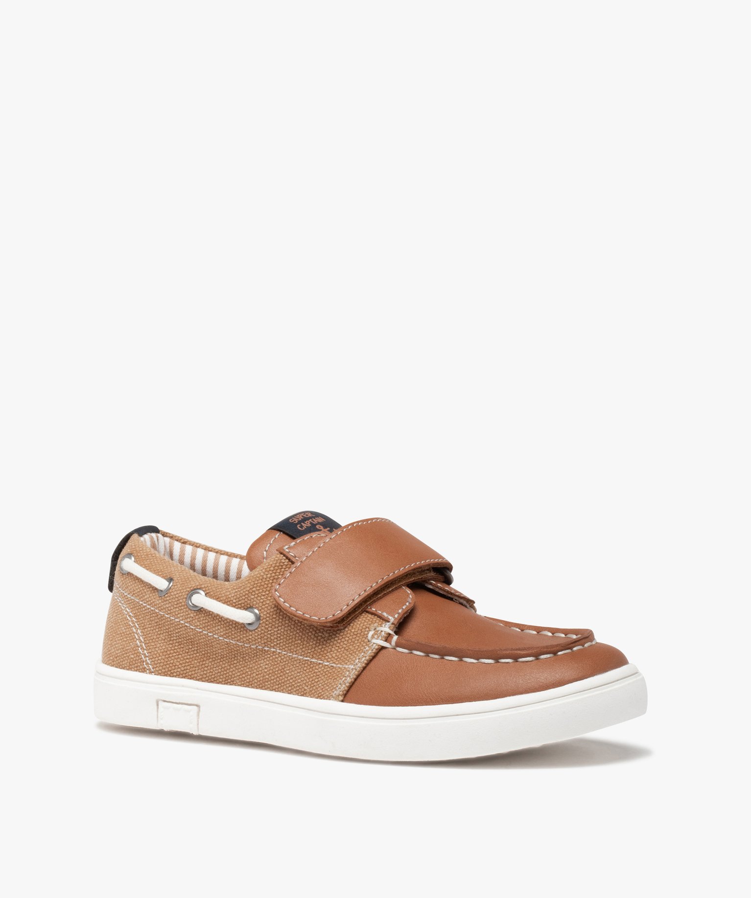 Chaussures bateau Garçon unies bi-matières à scratch camel | GEMO