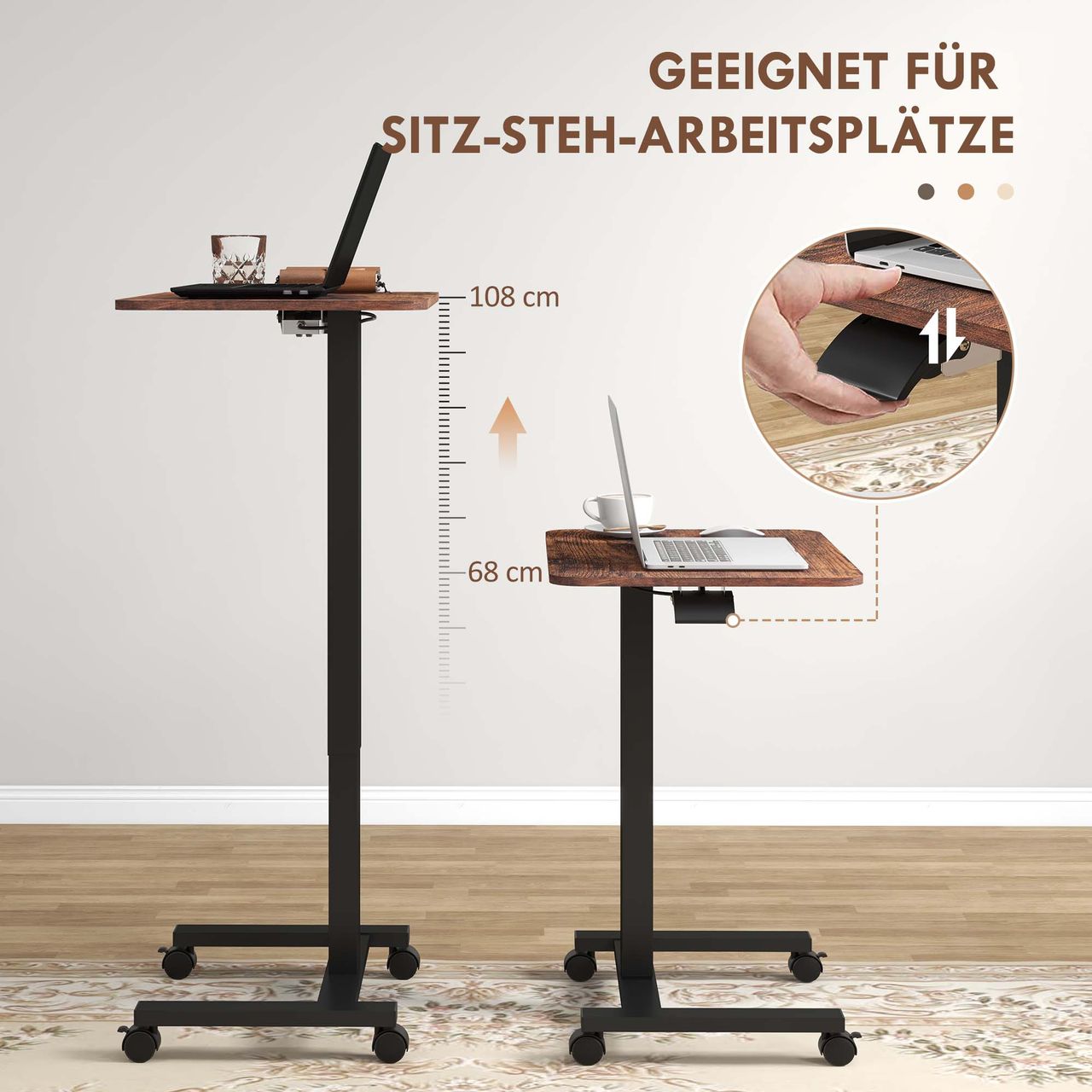 Vinsetto Computertisch Höhenverstellbar, Steh-Sitz Laptoptisch mit Rollen