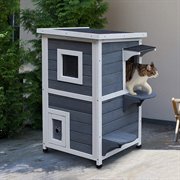 PawHut Katzenhaus 2 Etagen Katzenvilla mit Treppen Asphaltdach Tannenholz Grau