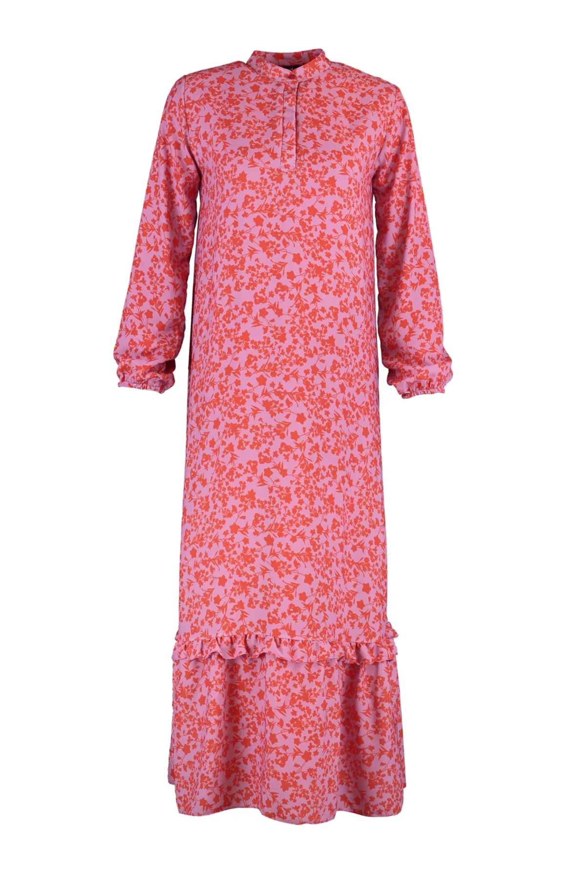 Trendyol Modest  Rotes, gewebtes Kleid mit Blumenmuster, halber Knopfleiste und Rüschenspitze, gefüttert TCTSS21EL3353
