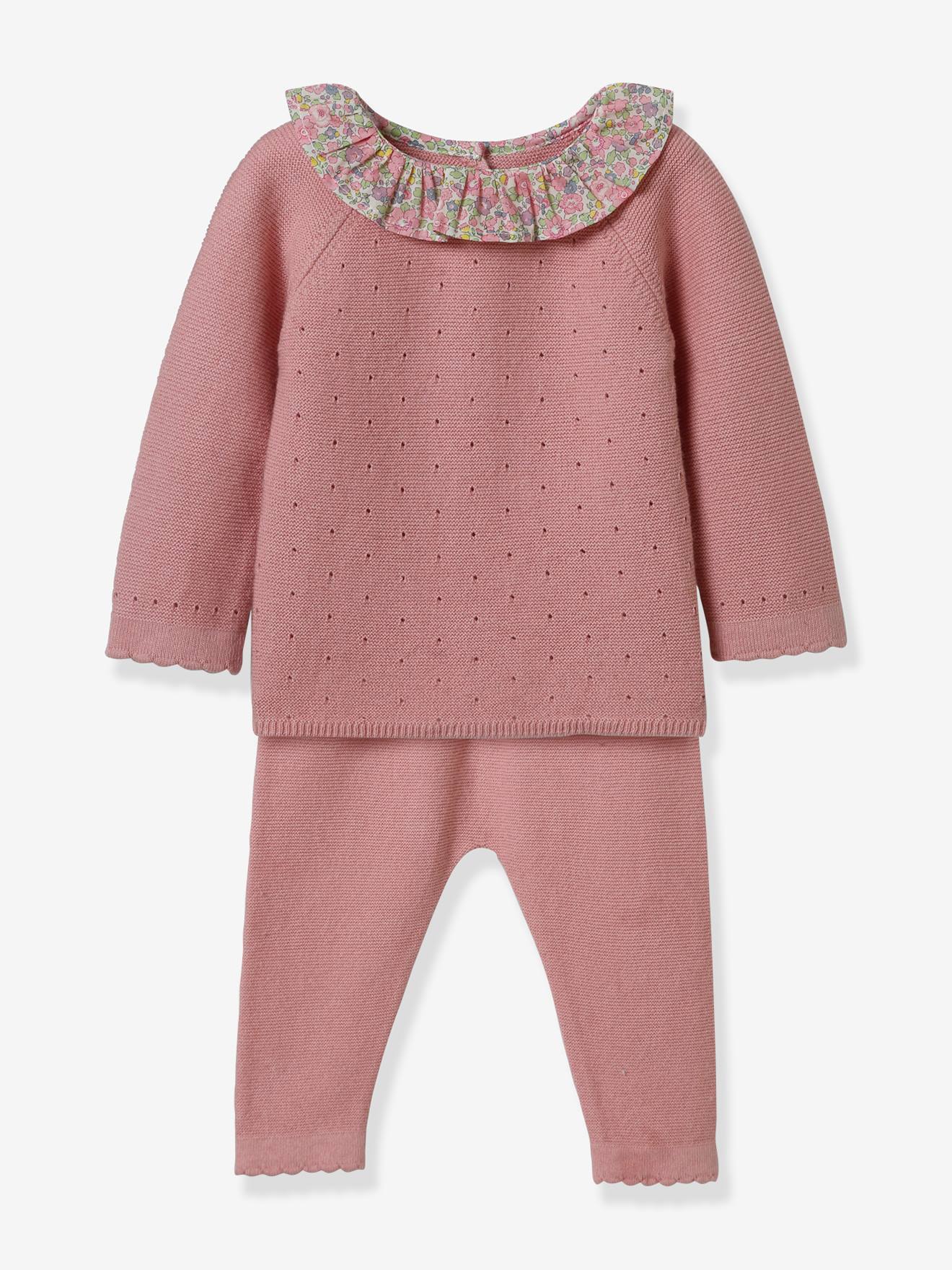Ensemble tricot Bébé col en tissu Liberty CYRILLUS rose