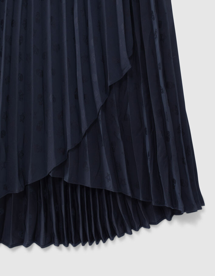 Jupe marine plissée jacquard motif têtes de mort Femme