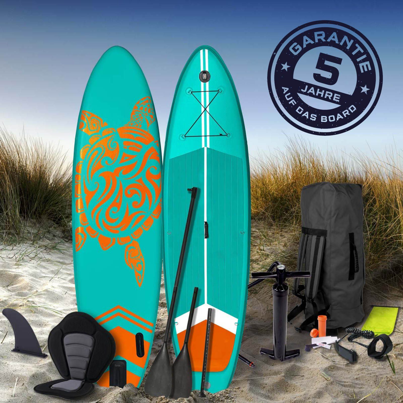 BRAST SUP-Board BRAST SUP Board SUPER Set Aufblasbares Stand up Paddle mit extra Zubehör 320x81x15cm incl. Kajaksitz Kamerahalterung Paddel Fußschleife Rucksack Pumpe