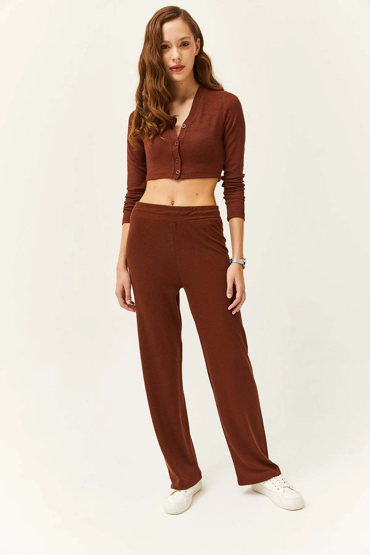 Olalook  Damen Bitter Coffee Cardigan Unten Oben Gerippt Team TKM-19000235