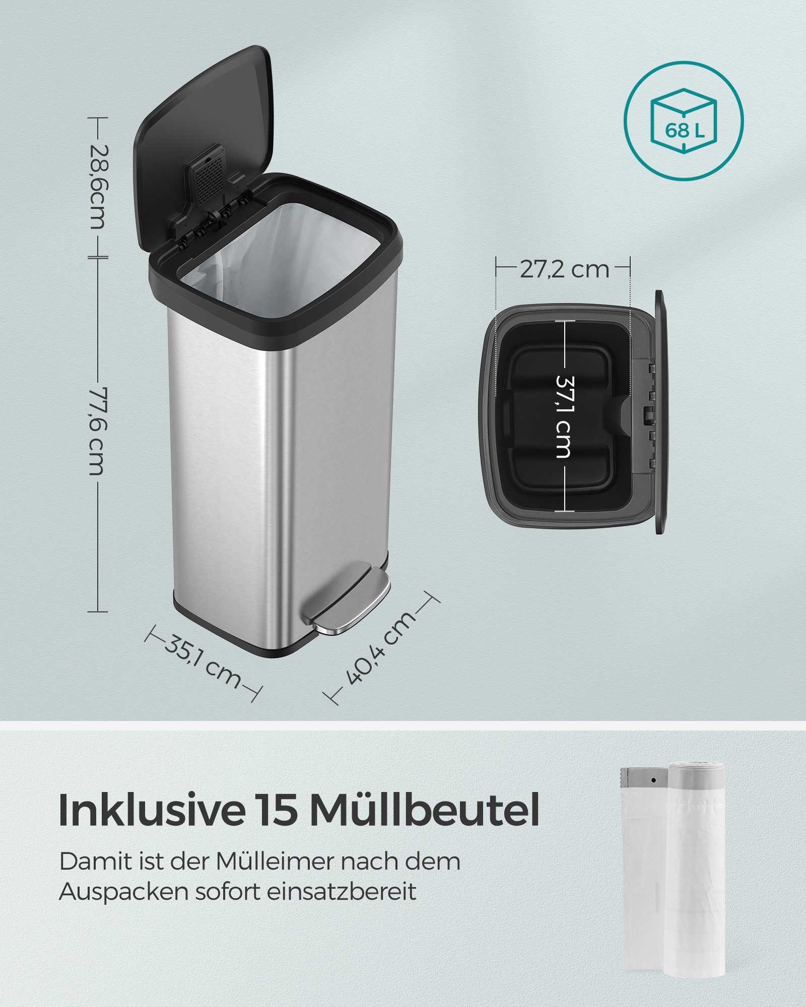 SONGMICS Mülleimer 68 Liter, Abfalleimer Tretmülleimer aus Metall hoch