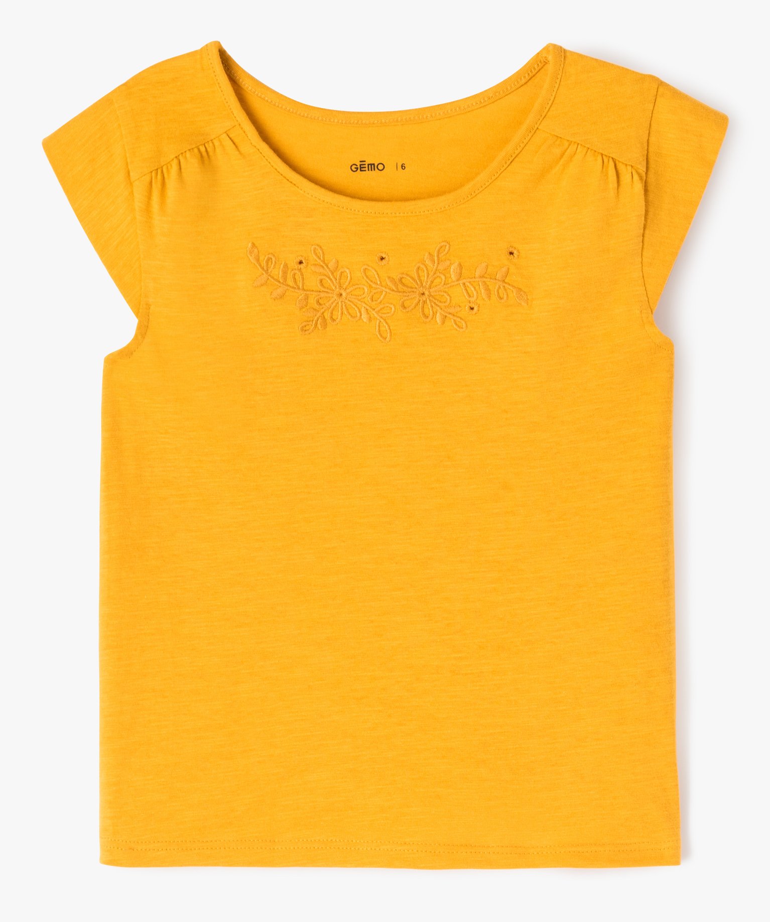 Tee-shirt droit à manches très courtes et broderie fille jaune | GEMO