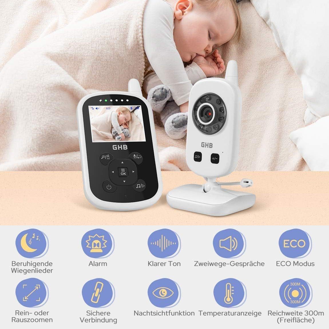 BUMHUM Video-Babyphone Babyphone mit Kamera Video Baby Monitor 2,4 GHz Gegensprechfunktion, ECO Modus Nachtsicht Temperatursensor Schlaflieder Lange Akkulaufzeit, 480p