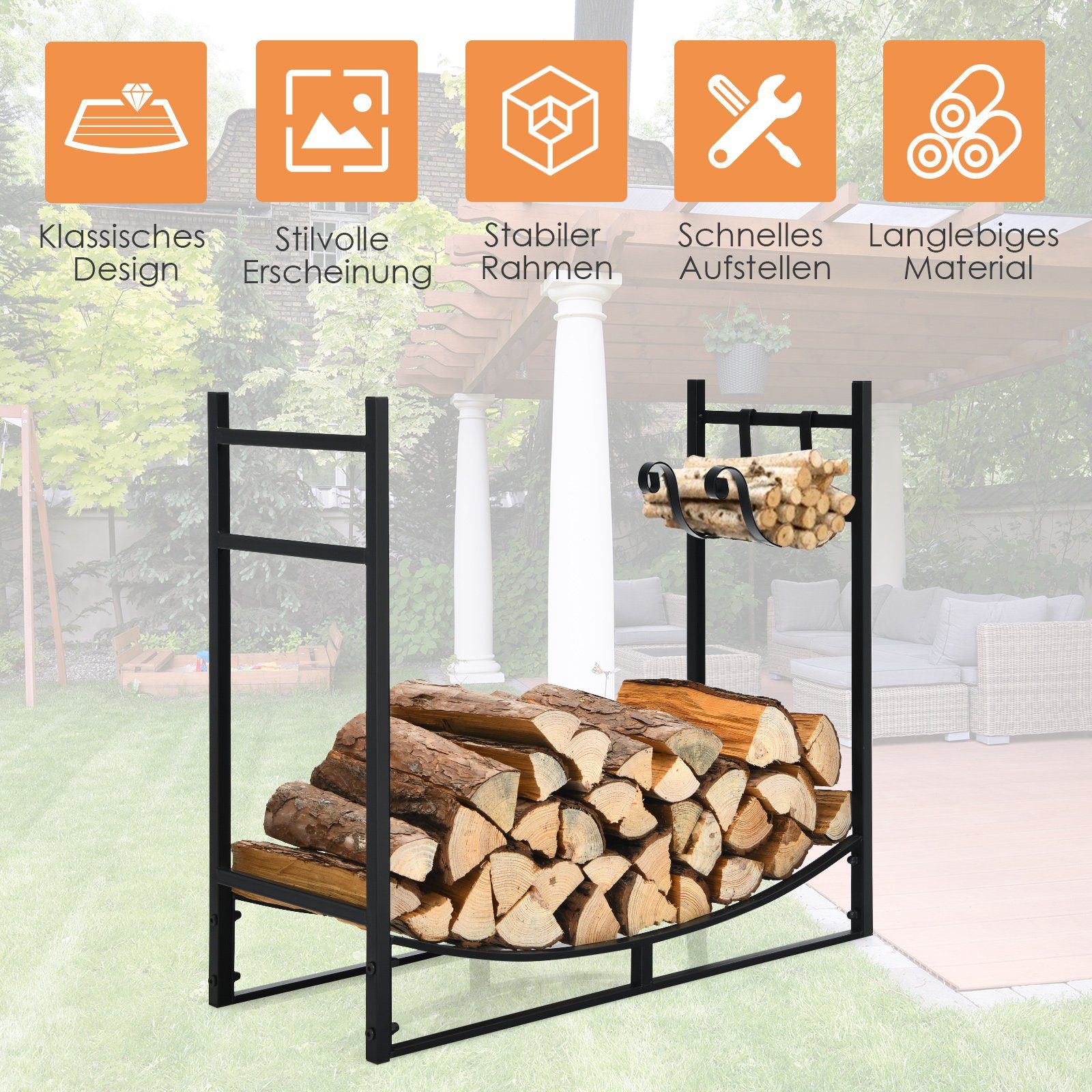 COSTWAY Kaminholzregal, BxTxH:33x84x76 cm, mit Halter, bis 50kg, aus Metall, 84x33x76cm