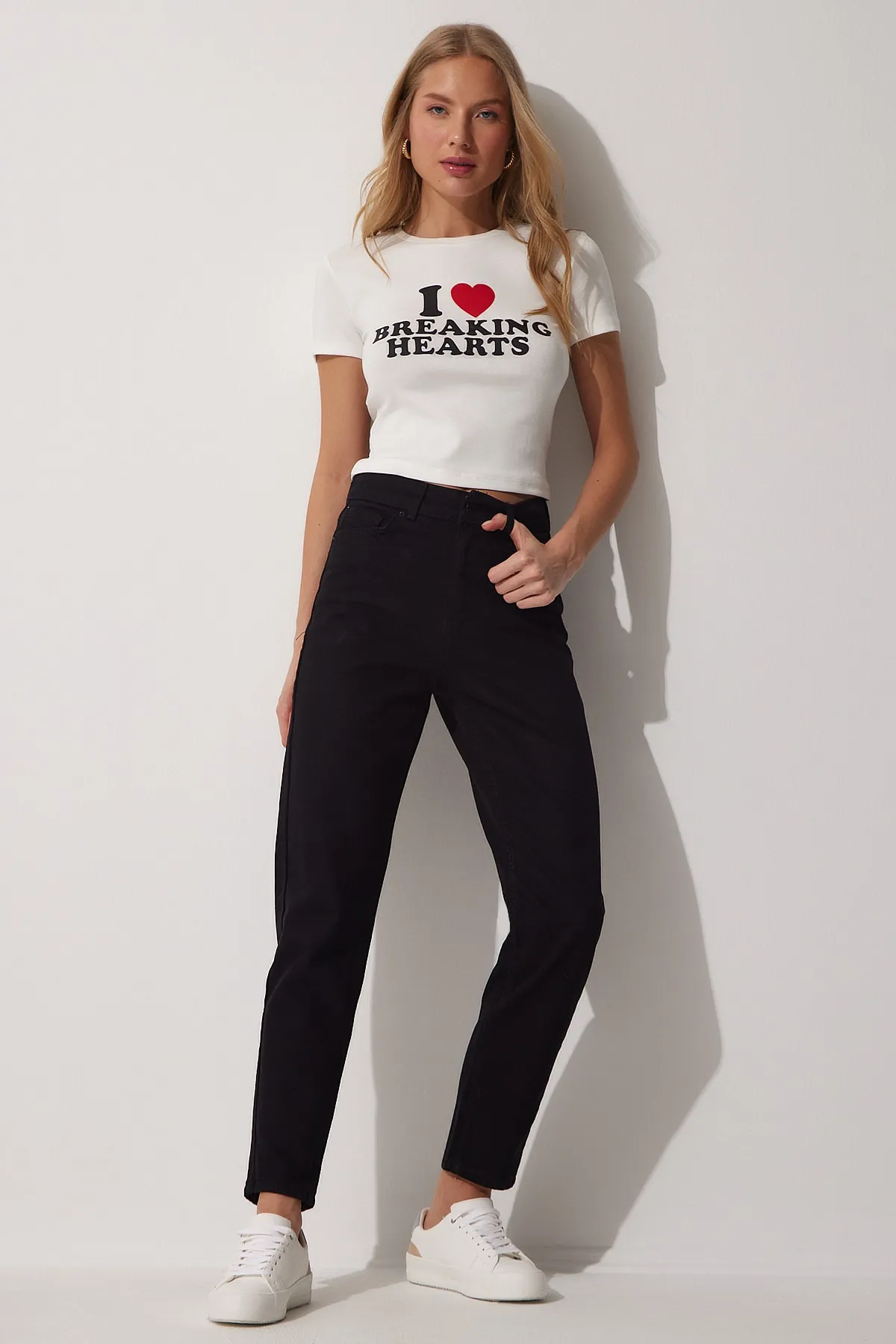 Happiness İstanbul  Schwarze Mom-Jeans mit hoher Taille für Damen OK00040