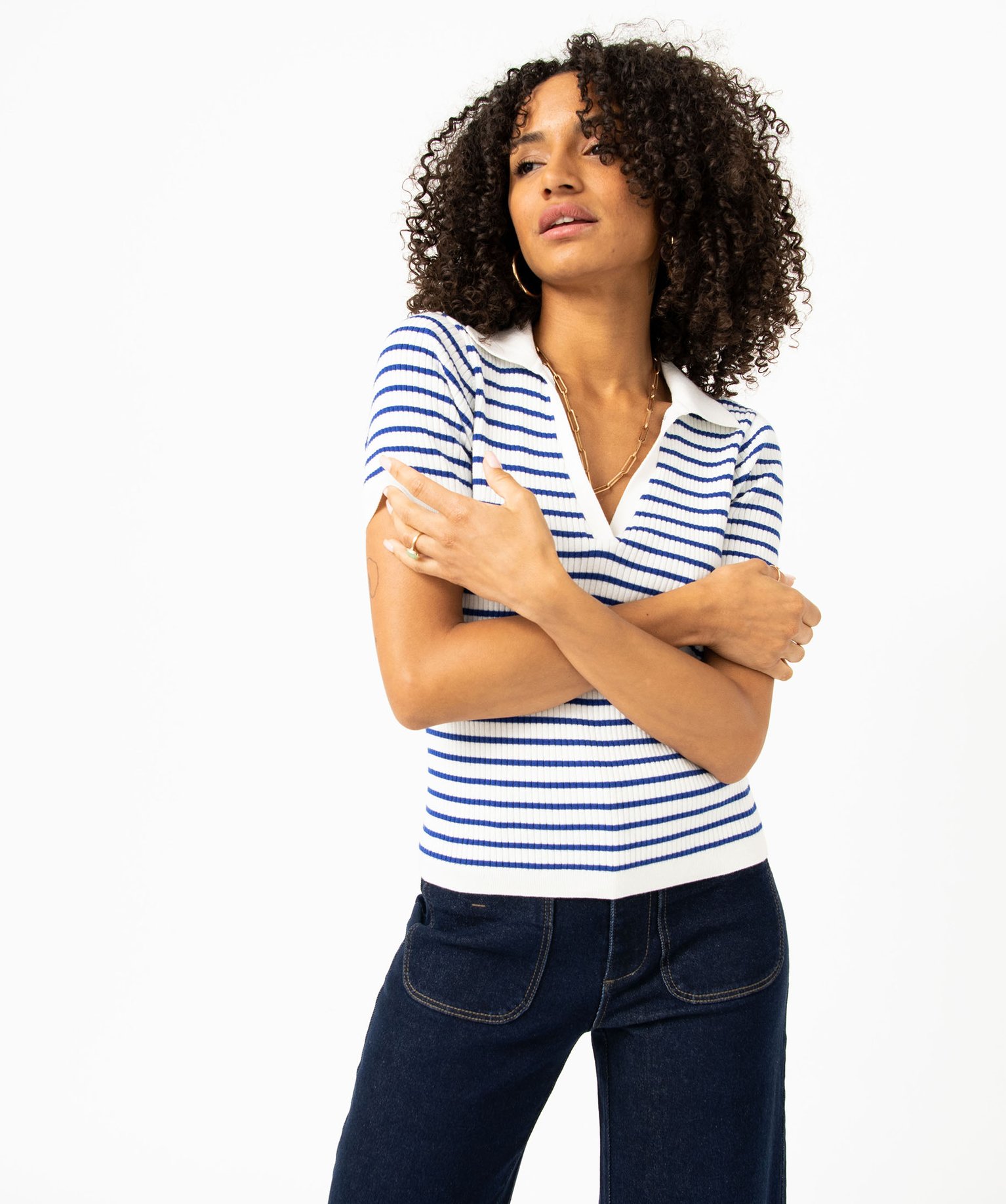 Pull rayé à manches courtes et col V femme raye | GEMO