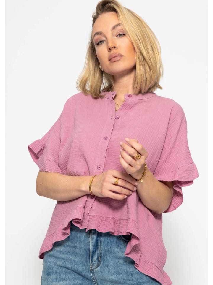 SASSYCLASSY Musselin Bluse mit Rüschensaum in Rosa günstig kaufen
