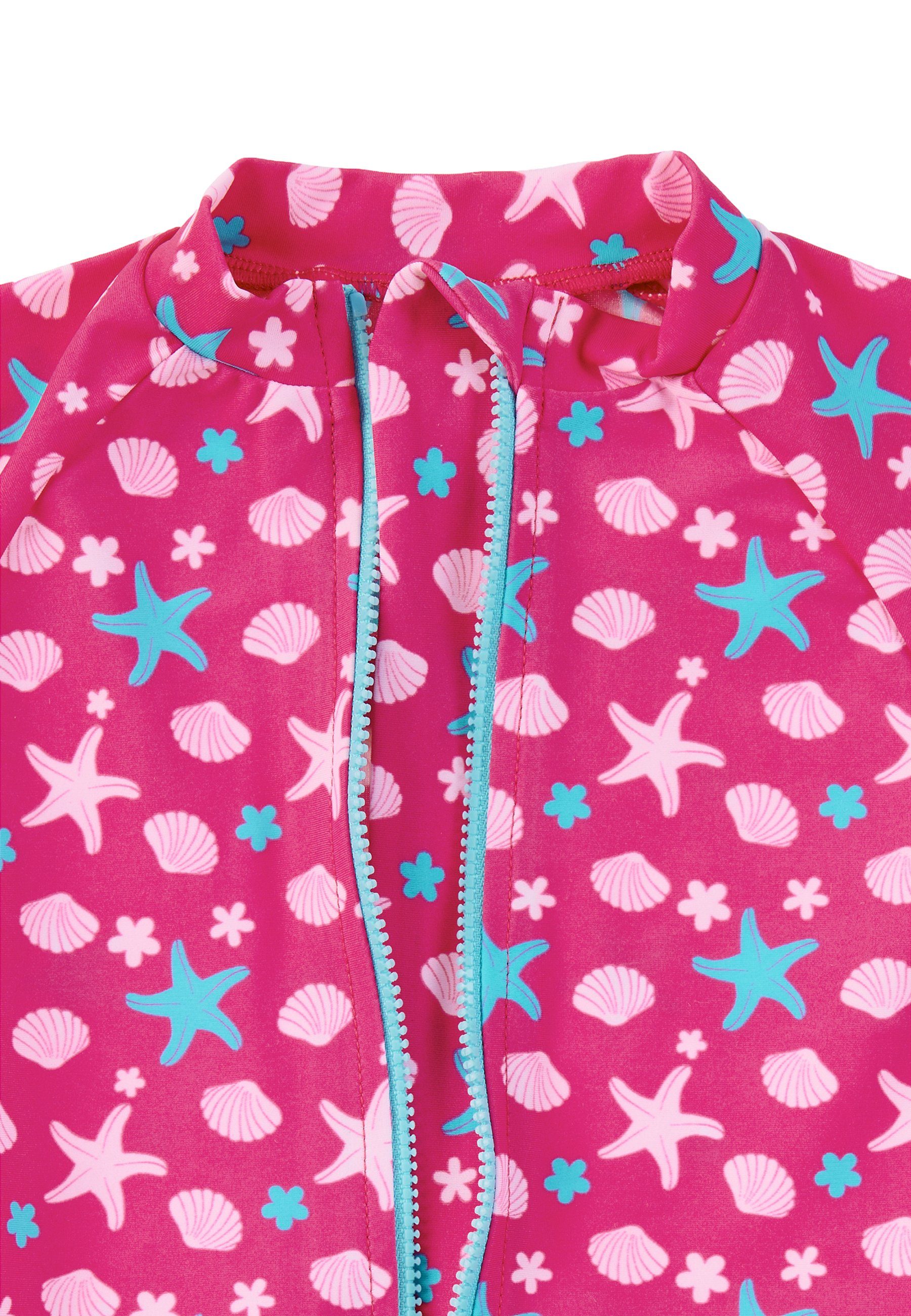 Sterntaler® Badeanzug Schwimmanzug Seesterne Kinderbadeanzug - Schwimmanzug in Magenta mit Muscheln und Seesternen - Baby Badebekleidung Kurzarm mit UV-Schutz 50+ Badeoverall Baby Mädchen mit Windeleinsatz bis Größe 86/92 und Frontzipper