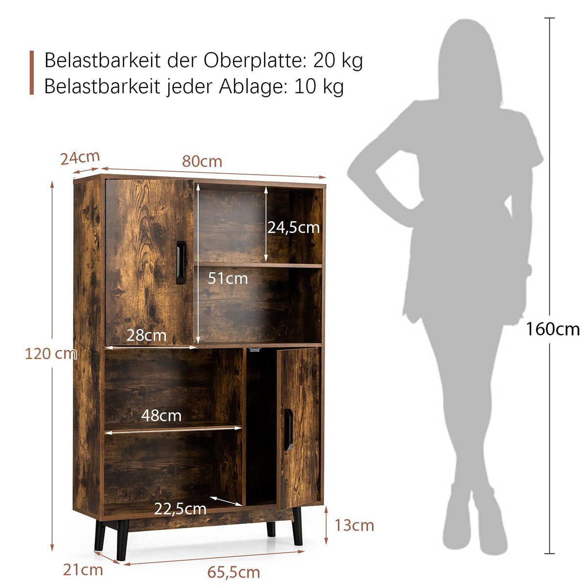 COSTWAY Bücherregal, mit 2 Türen & 4 Regalen, Kippsicherung, Holz, 80x24x120cm
