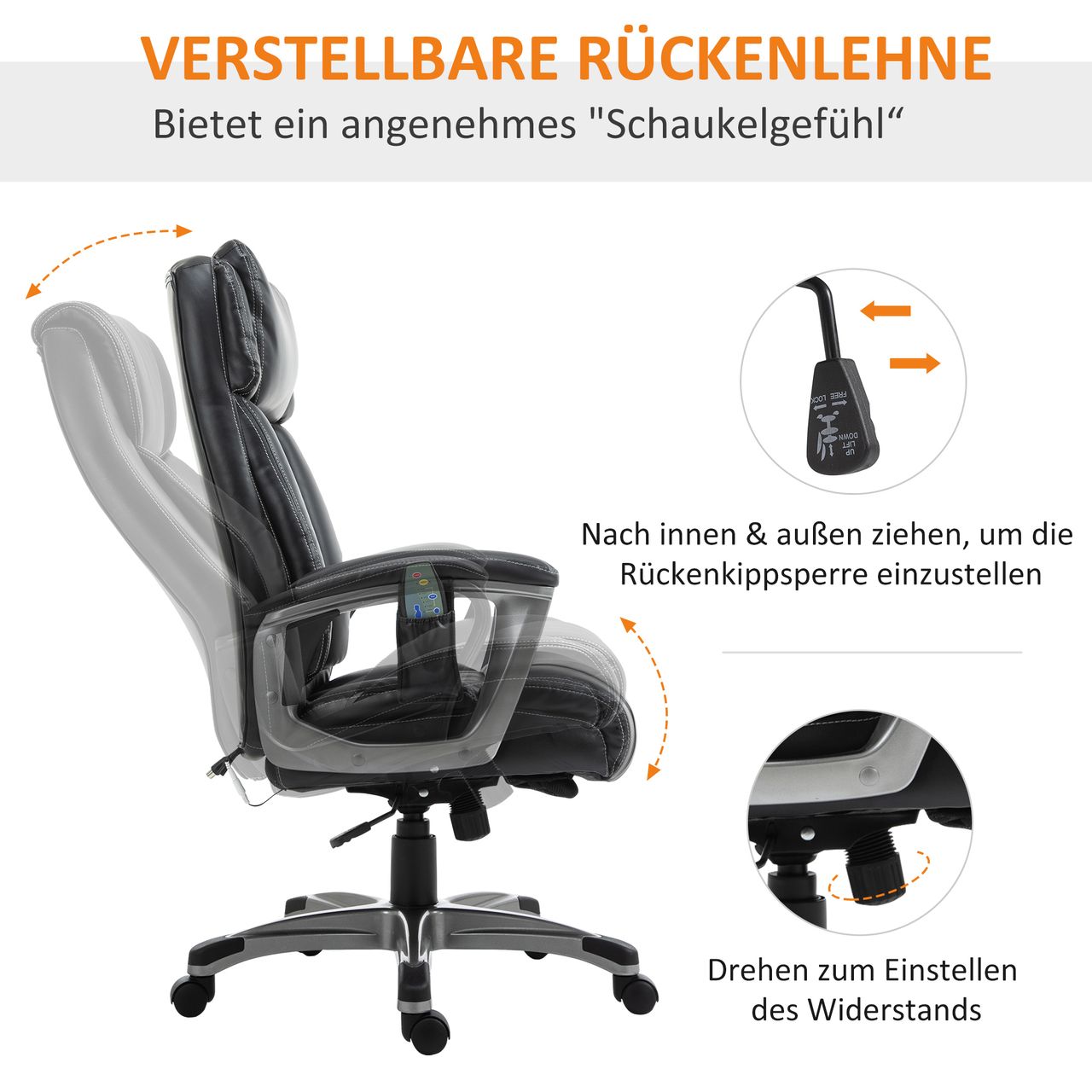 Vinsetto Massage-Bürostuhl mit 6-Punkt-Massage - Schwarz, ca. 70 x 76,5 x 114-124 cm