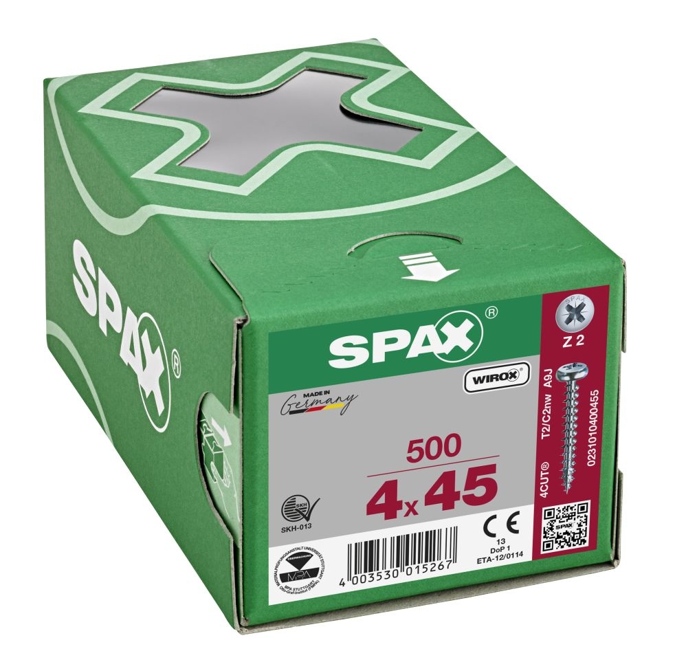 SPAX 0231010400455 Universalschraube 4 x 45 mm, Linsenkopf, Kreuzschlitz PZ2, Vollgewinde, WIROX – 500 Stück