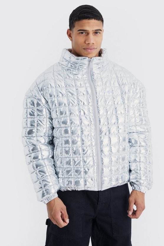 Kastige Metallic-Steppjacke mit Trichterkragen