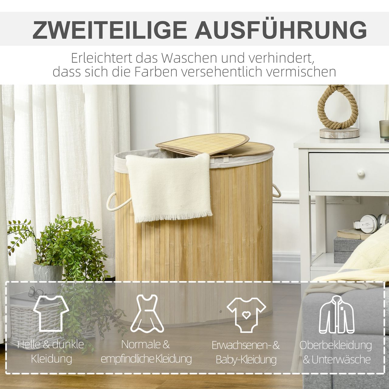 HOMCOM Wäschekorb 100L Wäschebox mit Deckel, Griff, 2 Abschnitten Bambus Natur
