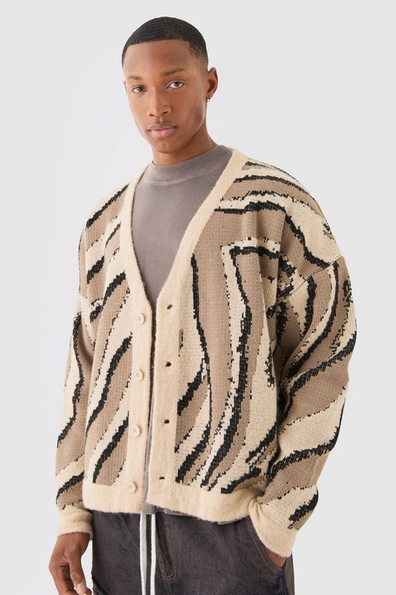 Kastiger Oversize Jacquard-Cardigan mit abstraktem Print