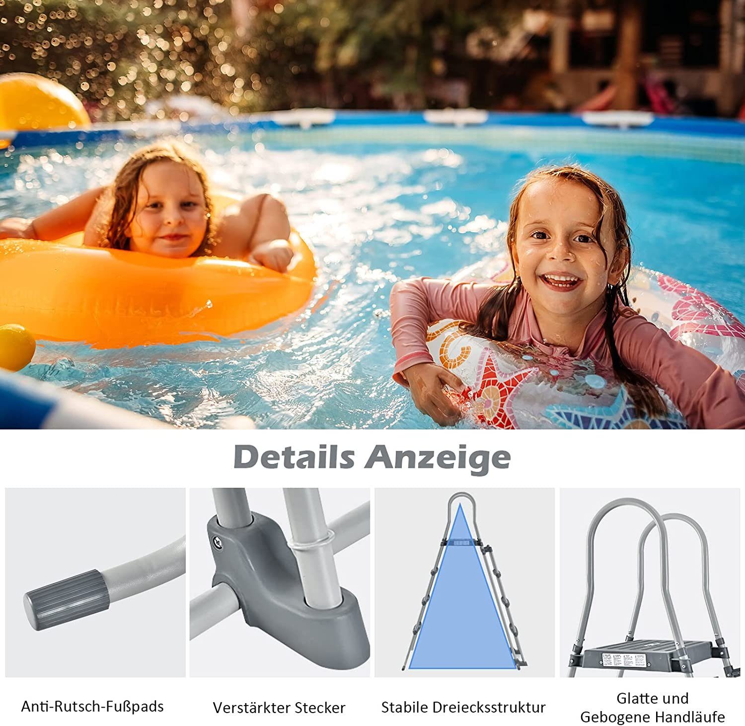 KOMFOTTEU Pool-Sicherheitsleiter für Pools von 122 cm Höhe, 130 x 70 x 178 cm