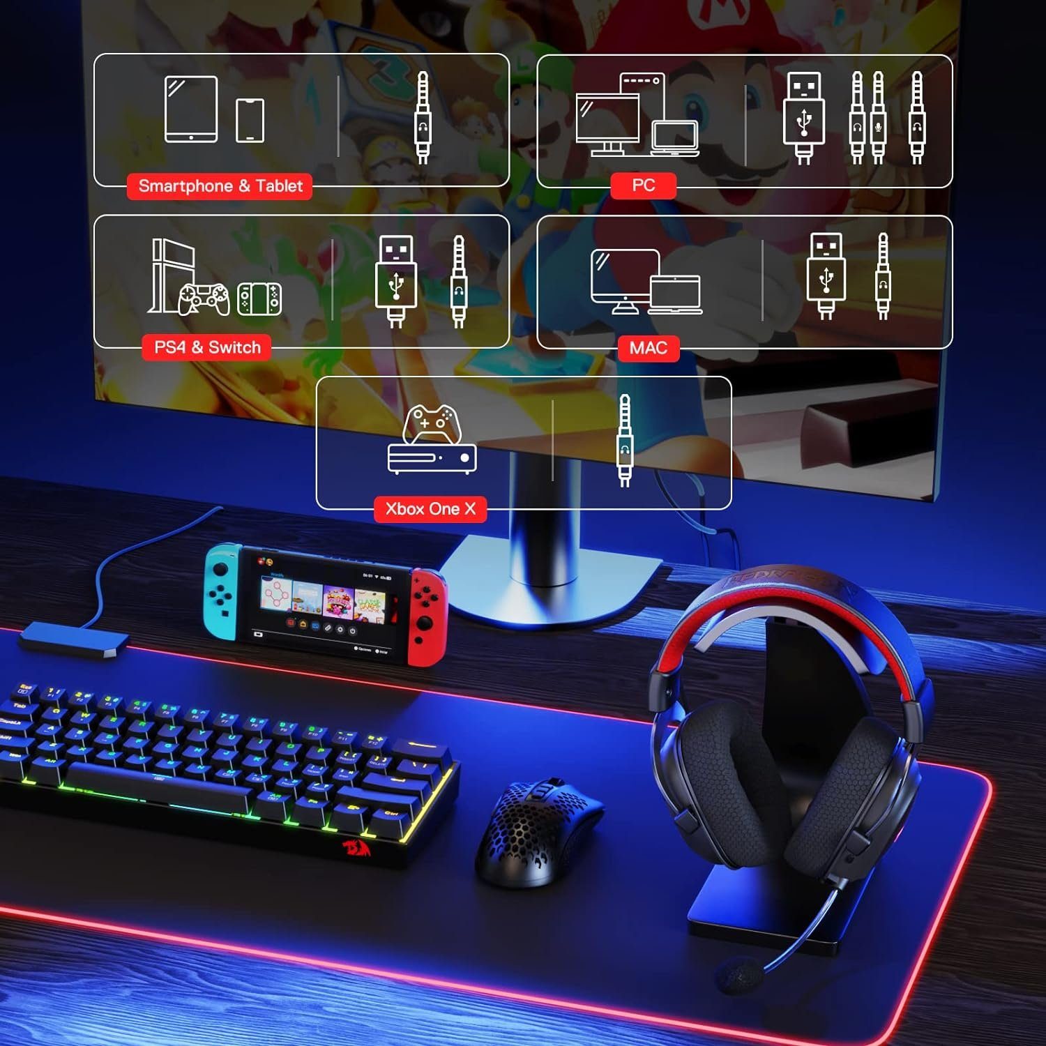 Redragon Redragon H510 Pro Geräuschunterdrückung RGB Kabelloses Gaming-Headset Gaming-Headset (Kabelgebubde, Wireless, Steuerung von Audio und Hintergrundbeleuchtung, 53-mm-Treiber)