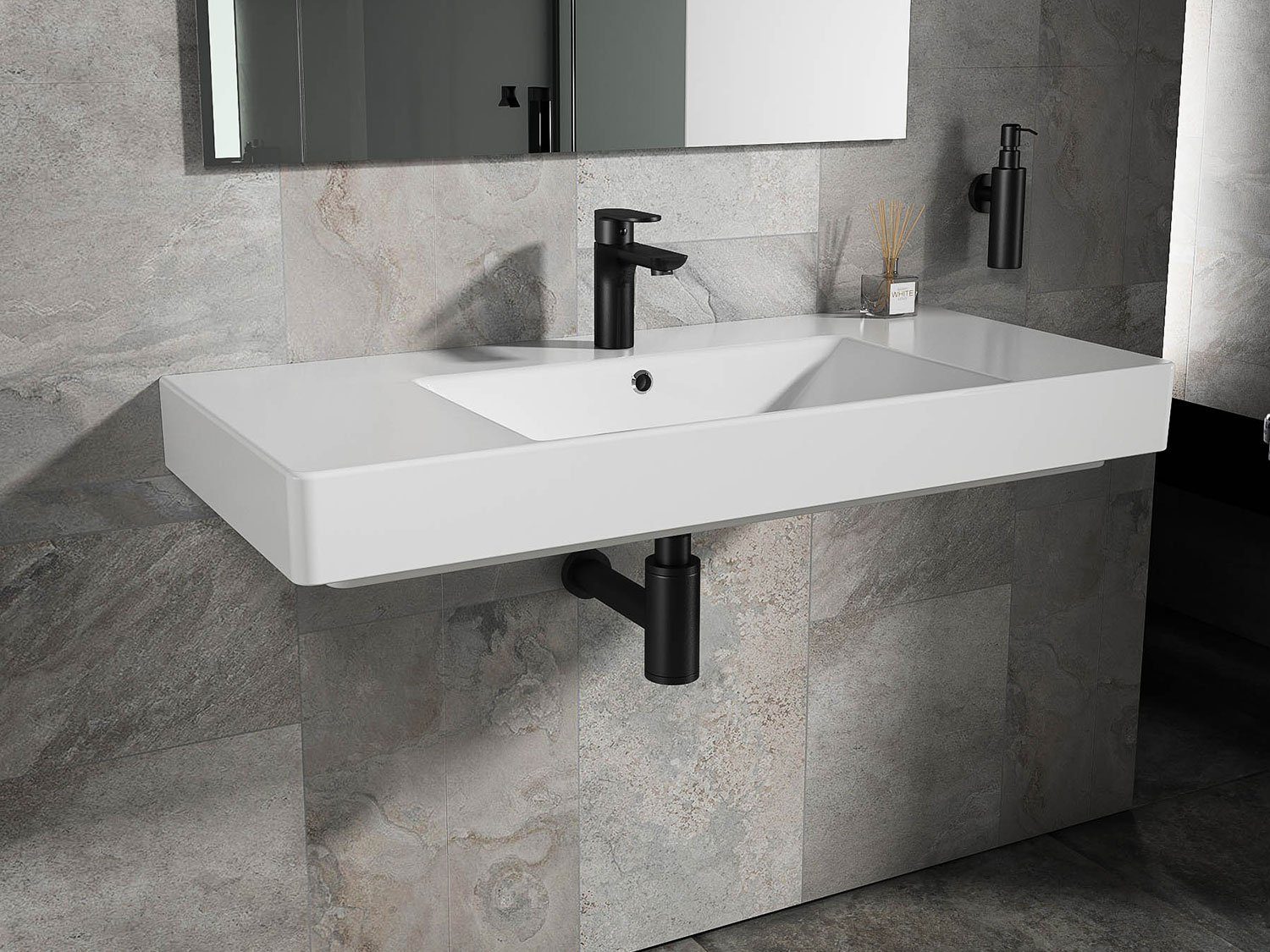 Aqua Bagno Waschbecken Quadra Soft Keramik Waschtisch 100cm weiß Waschbec (Packung)