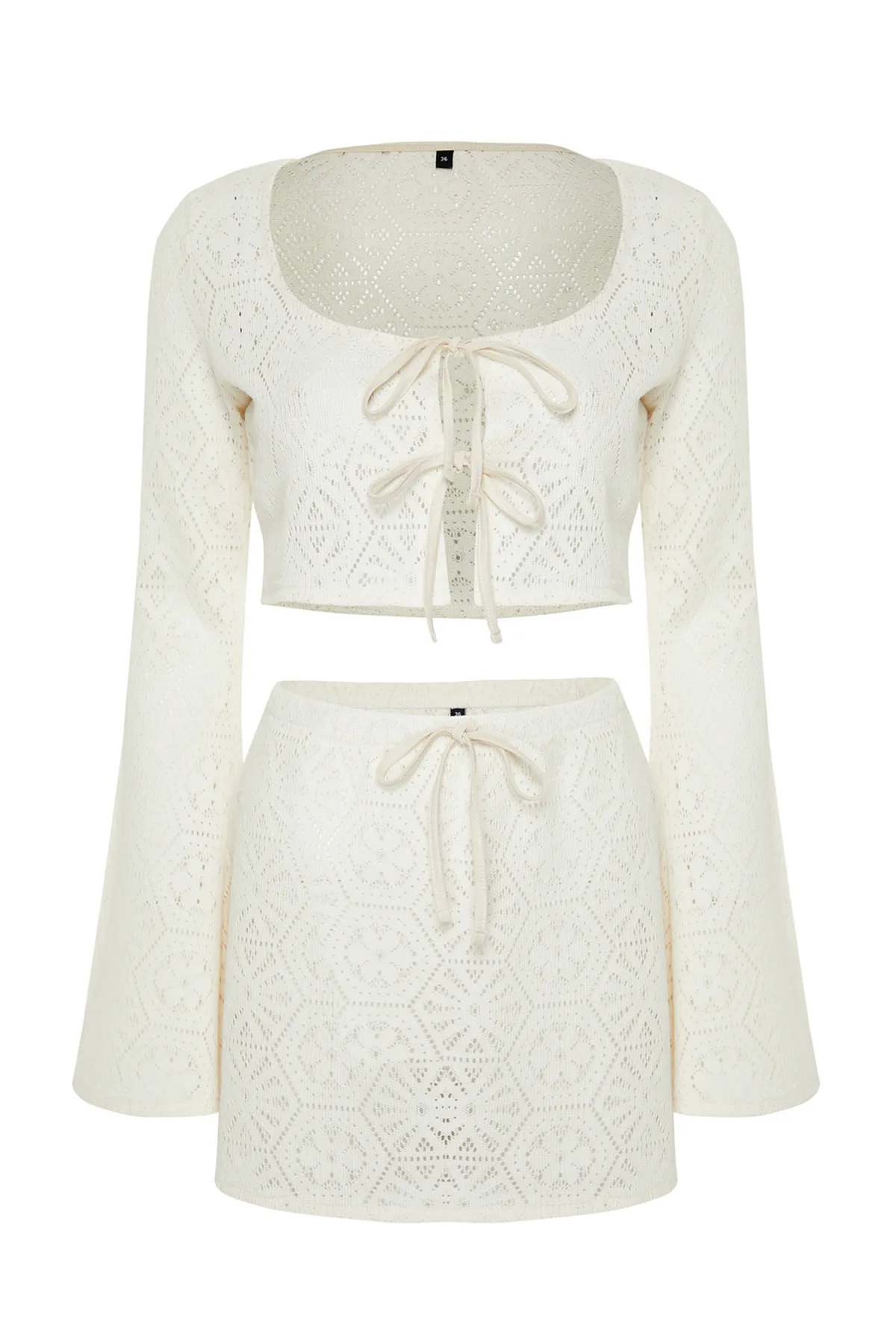 Trendyol Collection  Beige gestrickter Blusen- und Rockanzug aus 100 % Baumwolle im Strick-Look zum Binden TBESS24AU00049