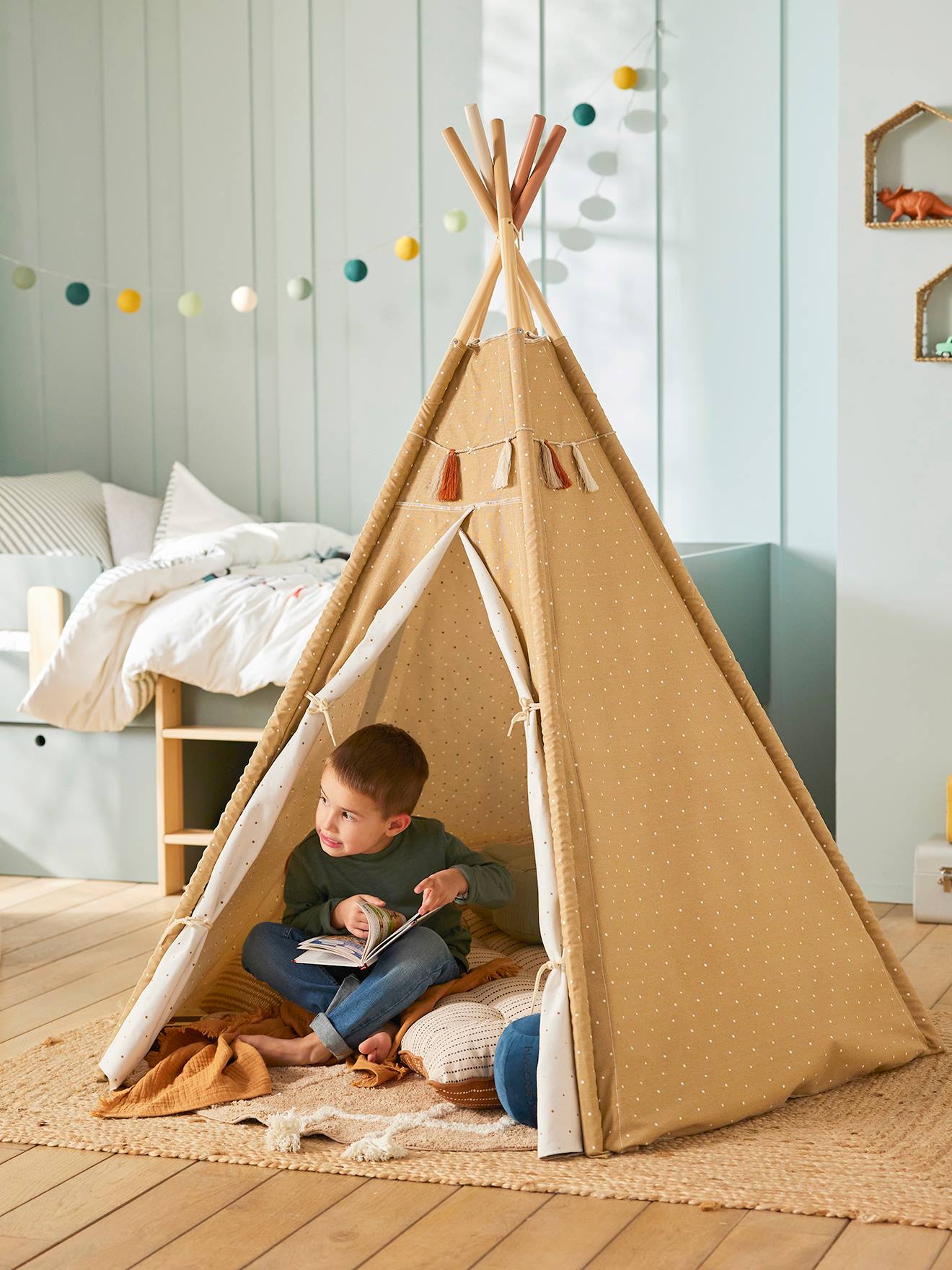 Vertbaudet Kinder Spielzelt GERONIMO, wendbares Tipi mit Holzstangen, FSC - mehrfarbig