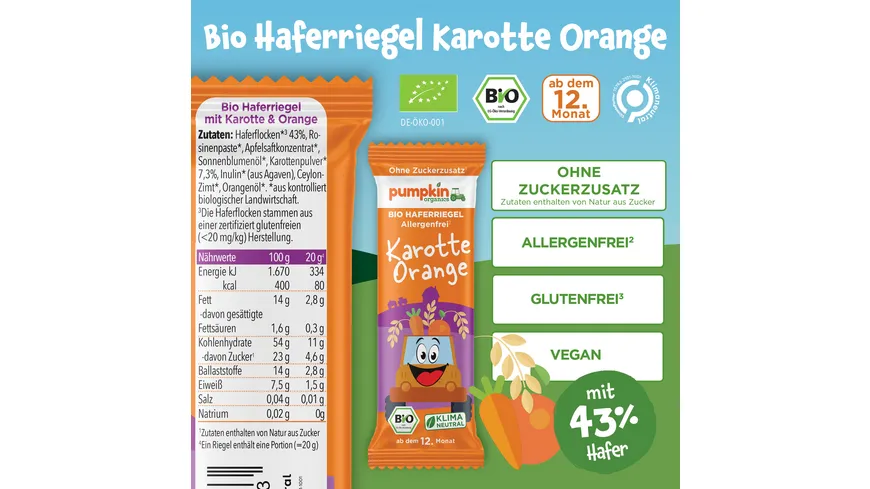 pumpkin organics Bio Haferriegel mit Karotte & Orange 20 g