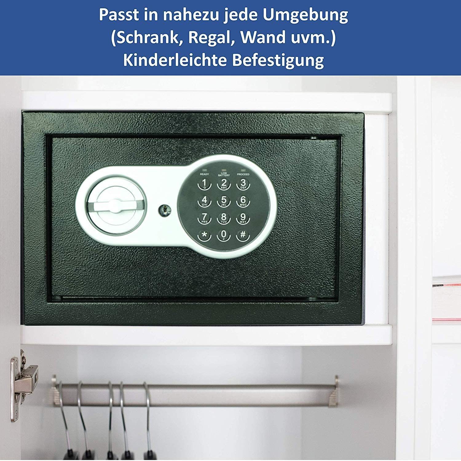 JUNG Tresor Safe elektronisch, Möbeltresor Zahlenschloß + 2 Schlüssel, Tresor (klein, kompakt, tragbar, einbaubar, Doppelstahlbolzen Sicherheitsbox für Hotel, Büro und Heim), Hotel, Wandtresor, Schrank, Safe Box Geld, Tresor für zu Hause, Code