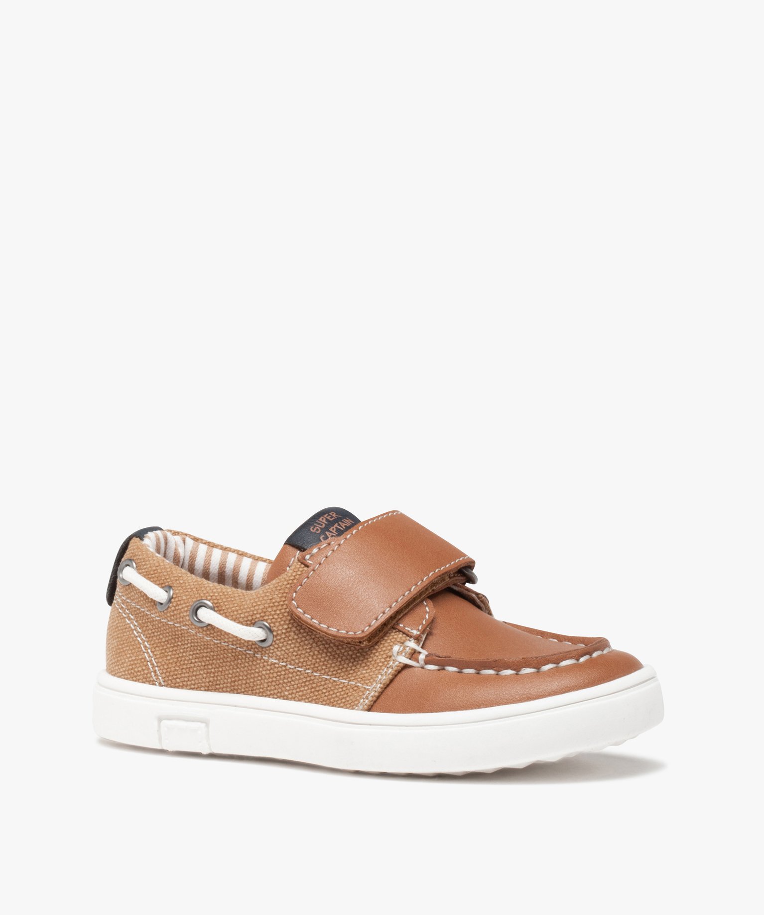 Chaussures bateau Garçon bi-matières à scratch camel | GEMO