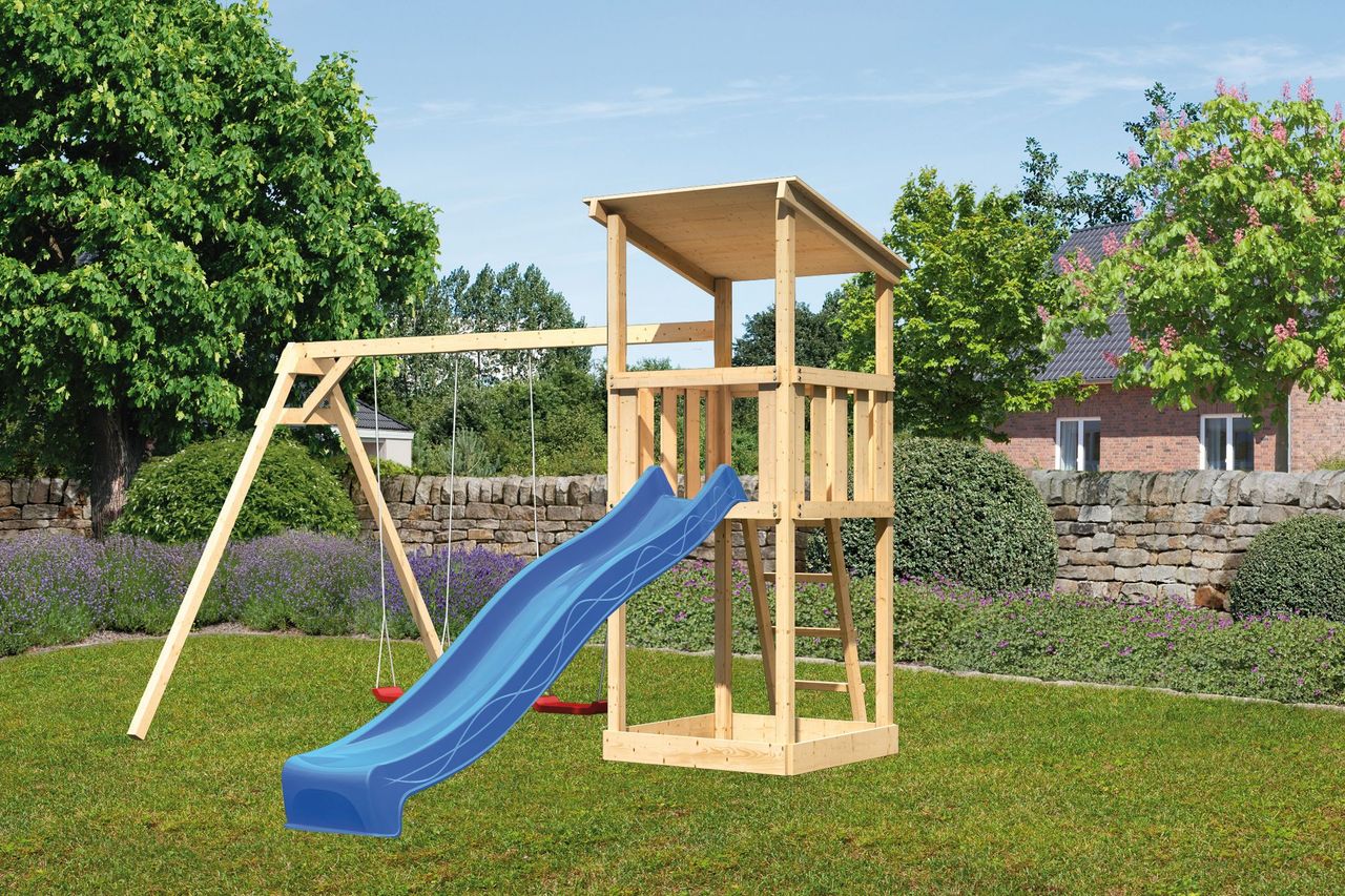 Karibu Spielturm Anna mit blauer Rutsche und Schaukelanbau