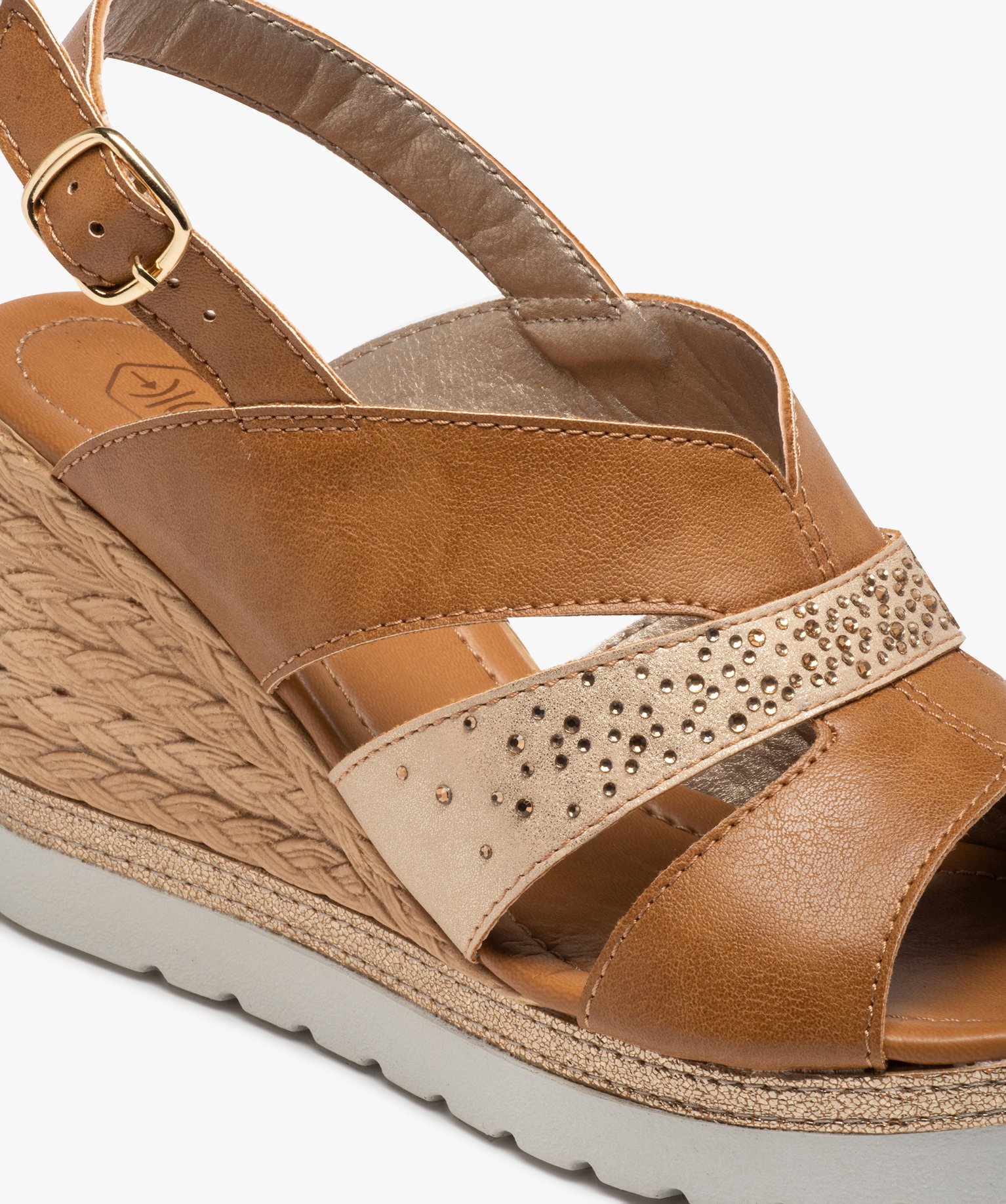 Sandales femme compensées bride métallisée à strass camel | GEMO